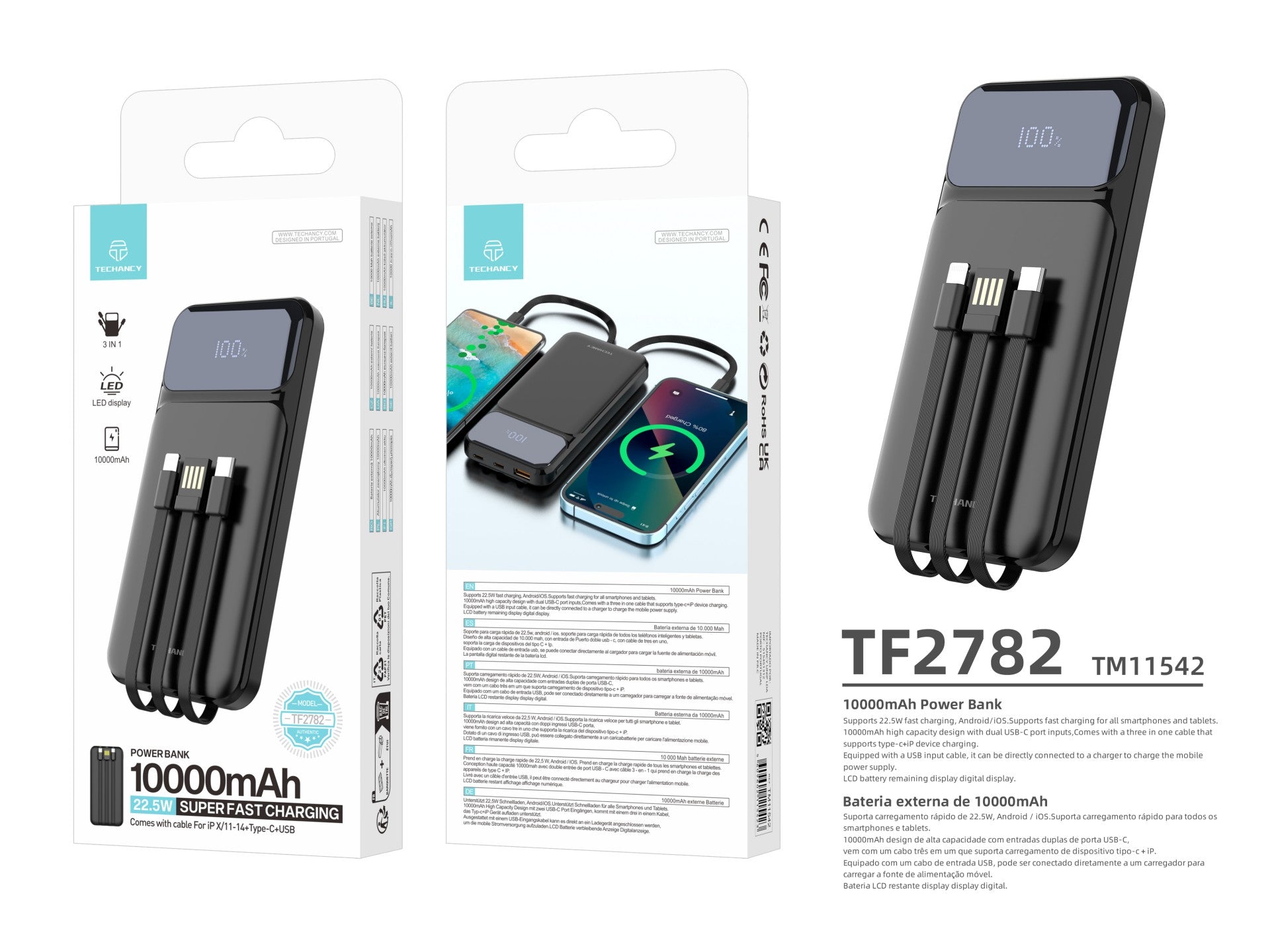Techancy Power Bank 10000 Mah 22.5w TF2782, Cabo De Carregamento Type-C+Lightning+ Usb 3in1, Ecrã Digital De Potência