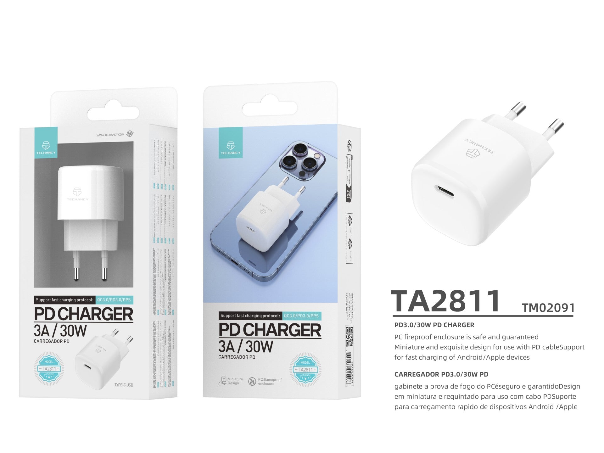 Cargador USB C PD Techancy 30 W blanco TA2811, cable de carga rápida PD adaptable, compatible con Android/Apple.