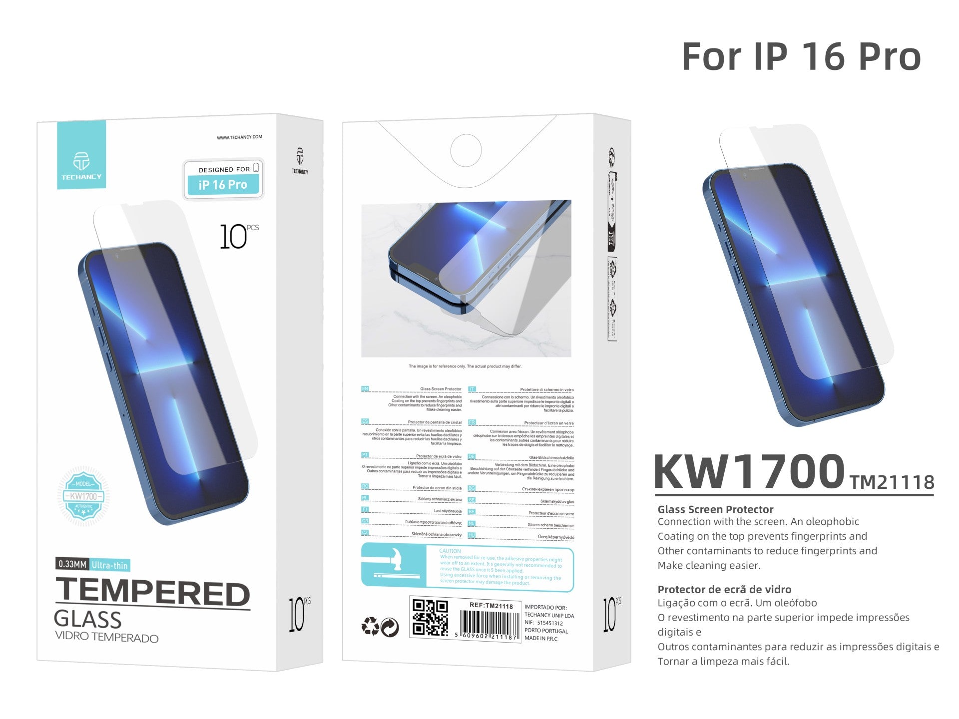 Techancy Película de Vidro Temperado para iPhone 16 Pro KW1700 , 0.33MM, Anti-riscos, Alta Transparência, Fácil Aplicação