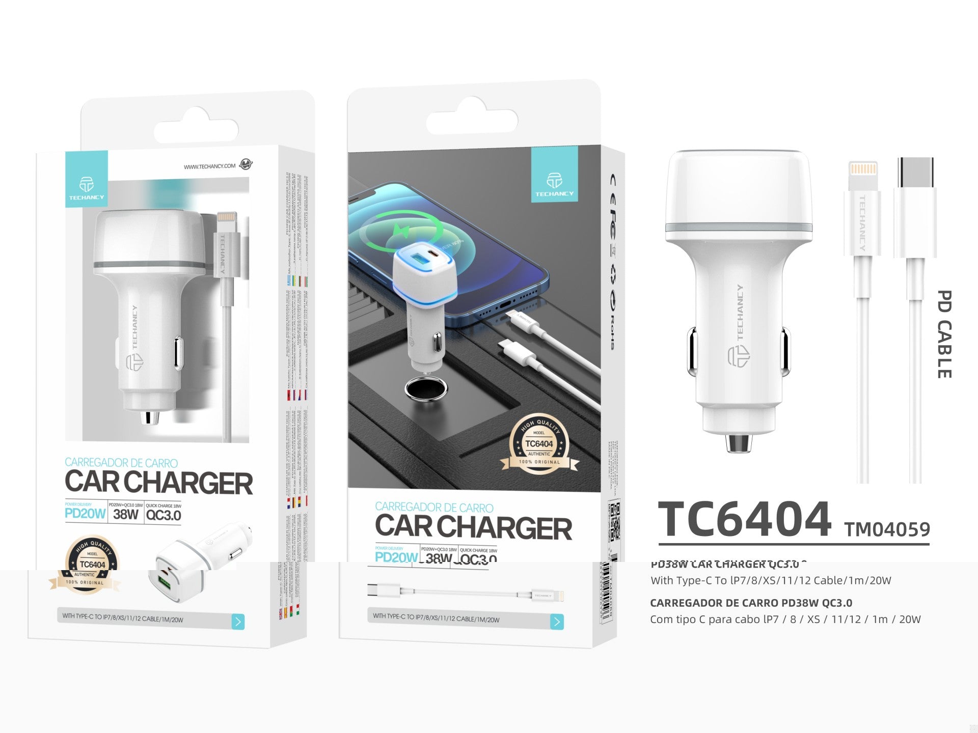 Techancy Carregador De Automóvel 38w TC6404, Carregamento Rápido Pd3.0+Qc3.0, Conjunto De Cabos Usb C-Lightning,