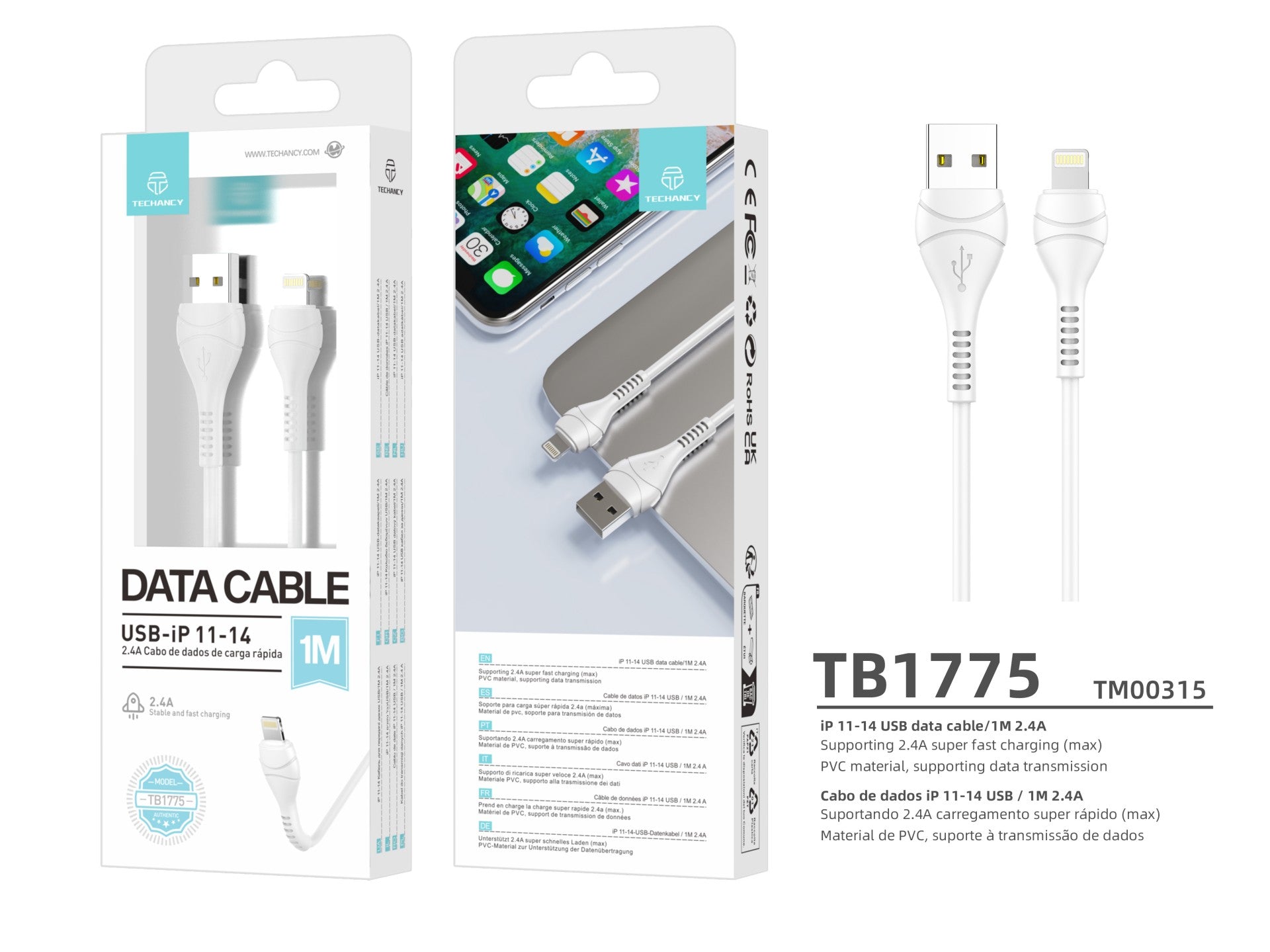 Techancy Cabo Usb-Lightning Branco 1m TB1775,Carregamento Rápido 2.4a, Suporta Transmissão De Dados, Material Pvc