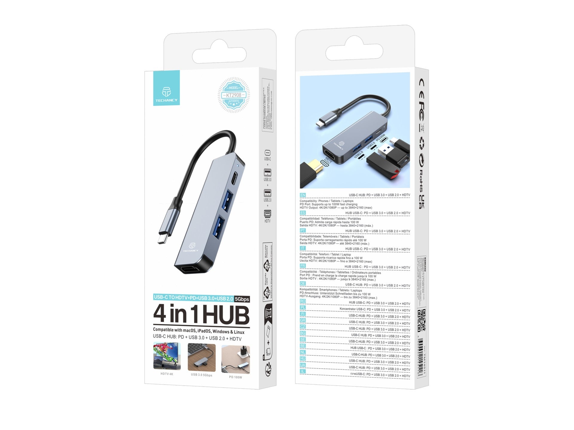 Techancy Hub USB-C 4 em 1 KT2908 com HDTV, PD, USB 3.0 e USB 2.0, Compativel com PC e Telemovel, Cinzento