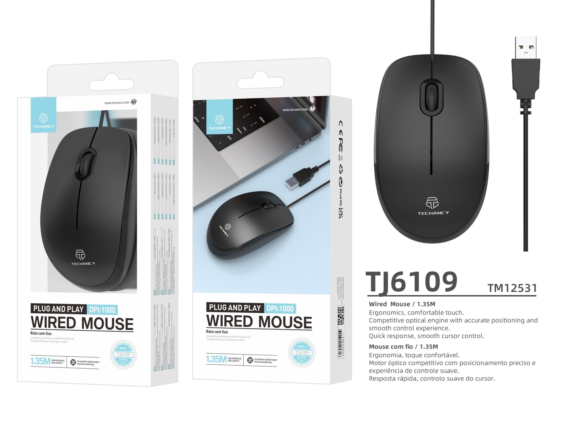 Ratón USB con cable Techancy negro TJ6109, 1,35 M Plug and Play, 1000 dpi, diseño ergonómico de rueda de desplazamiento antideslizante.