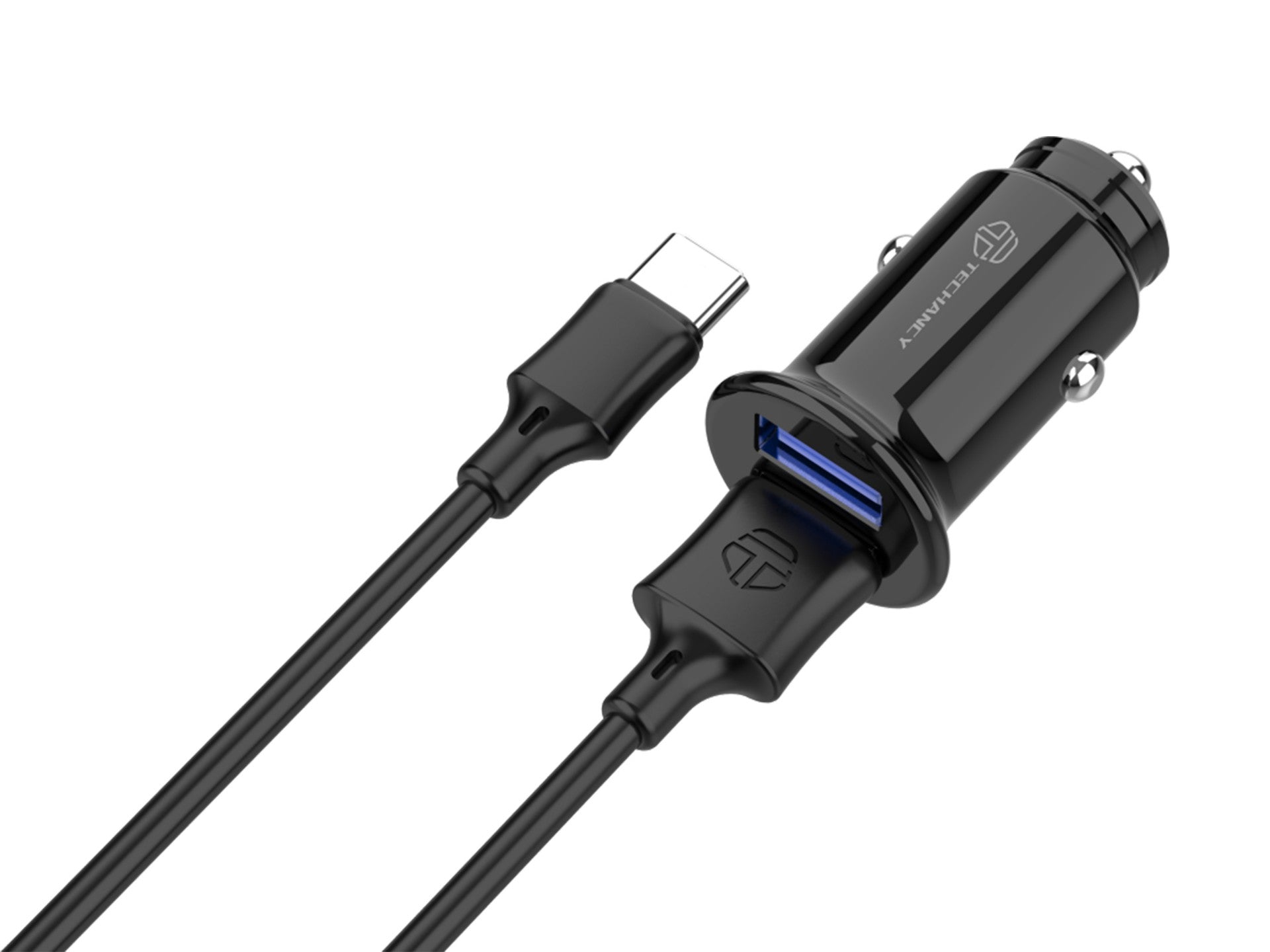Techancy TC6407 Mini Car Charger, 2USB Charging 2.4A, USB-Type-C Data Cable Set 1m, Black