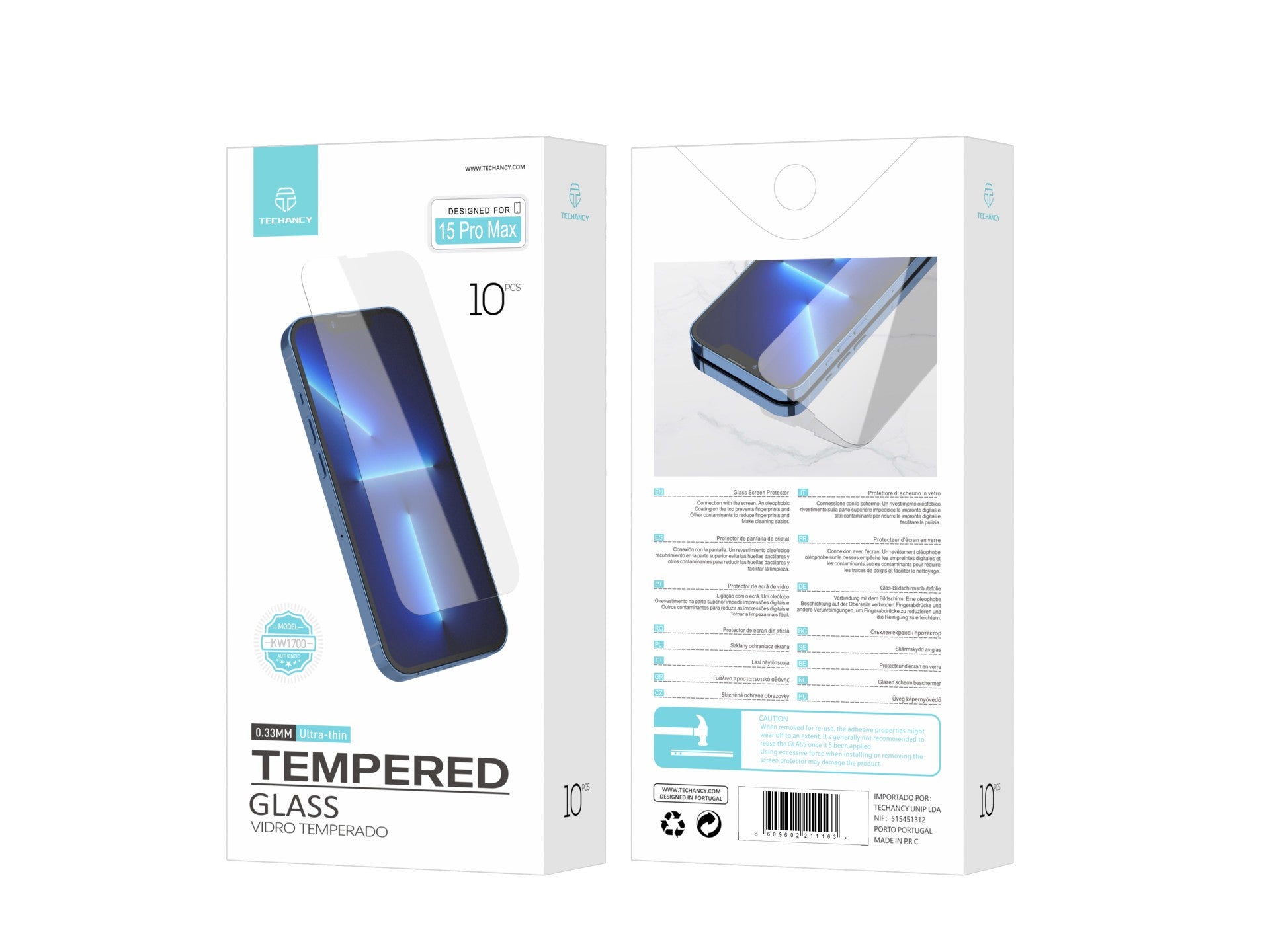 Techancy Película de Vidro Temperado para iPhone 15 Pro Max KW1700 , 0.33MM, Anti-riscos, Alta Transparência, Fácil Aplicação
