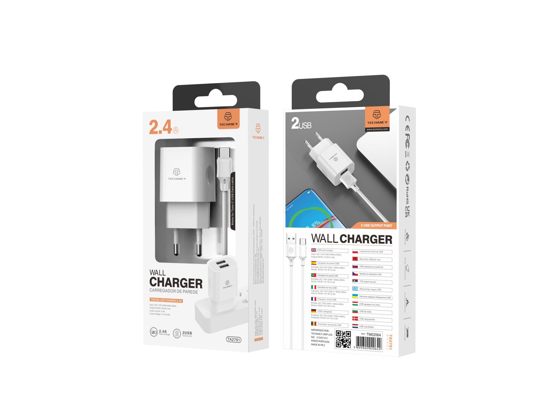 Techancy Carregador De Parede 2usb Branco TA2791,5V-2.4A Carregamento,Conjunto De Cabos Usb-Tipo-C 1m,Suporta Telemóveis Usb-C