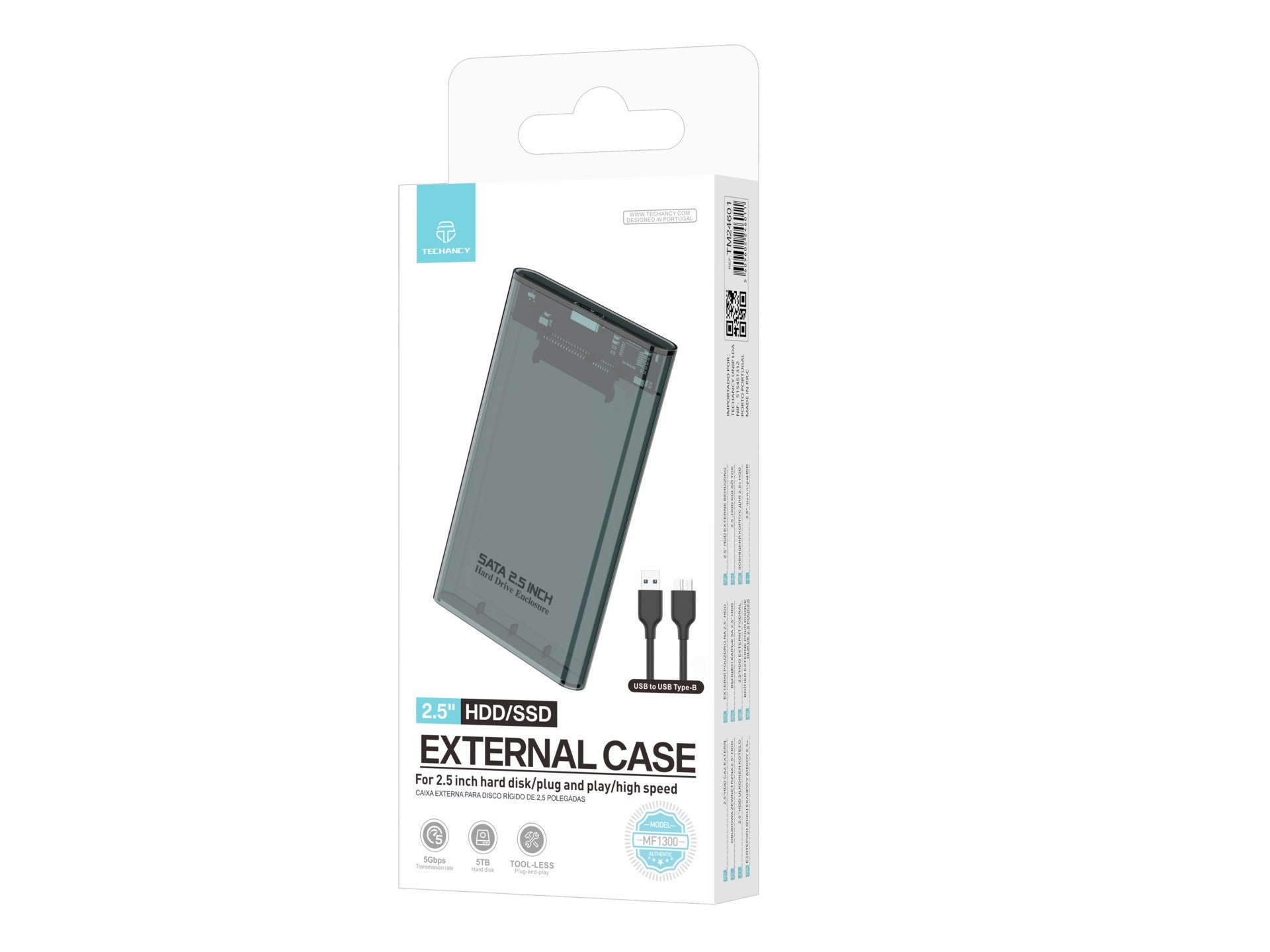 Techancy Estojo Externo de 2,5" SATA para HDD/SSD Preto MF1300, com USB3.0 de Alta Velocidade, Portátil