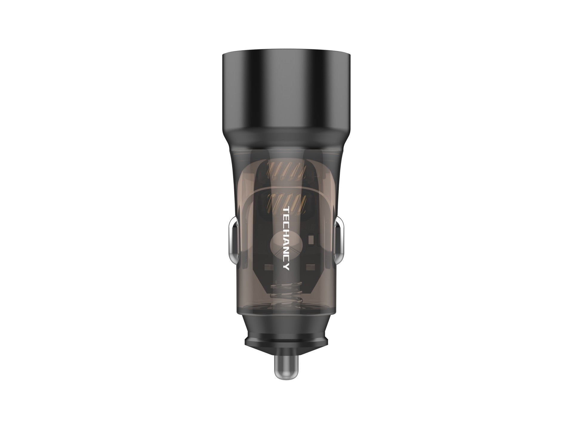 Cargador de coche Techancy TC6432 de 51 W con dos puertos USB-A y USB-C para cargar varios dispositivos. Transparente.