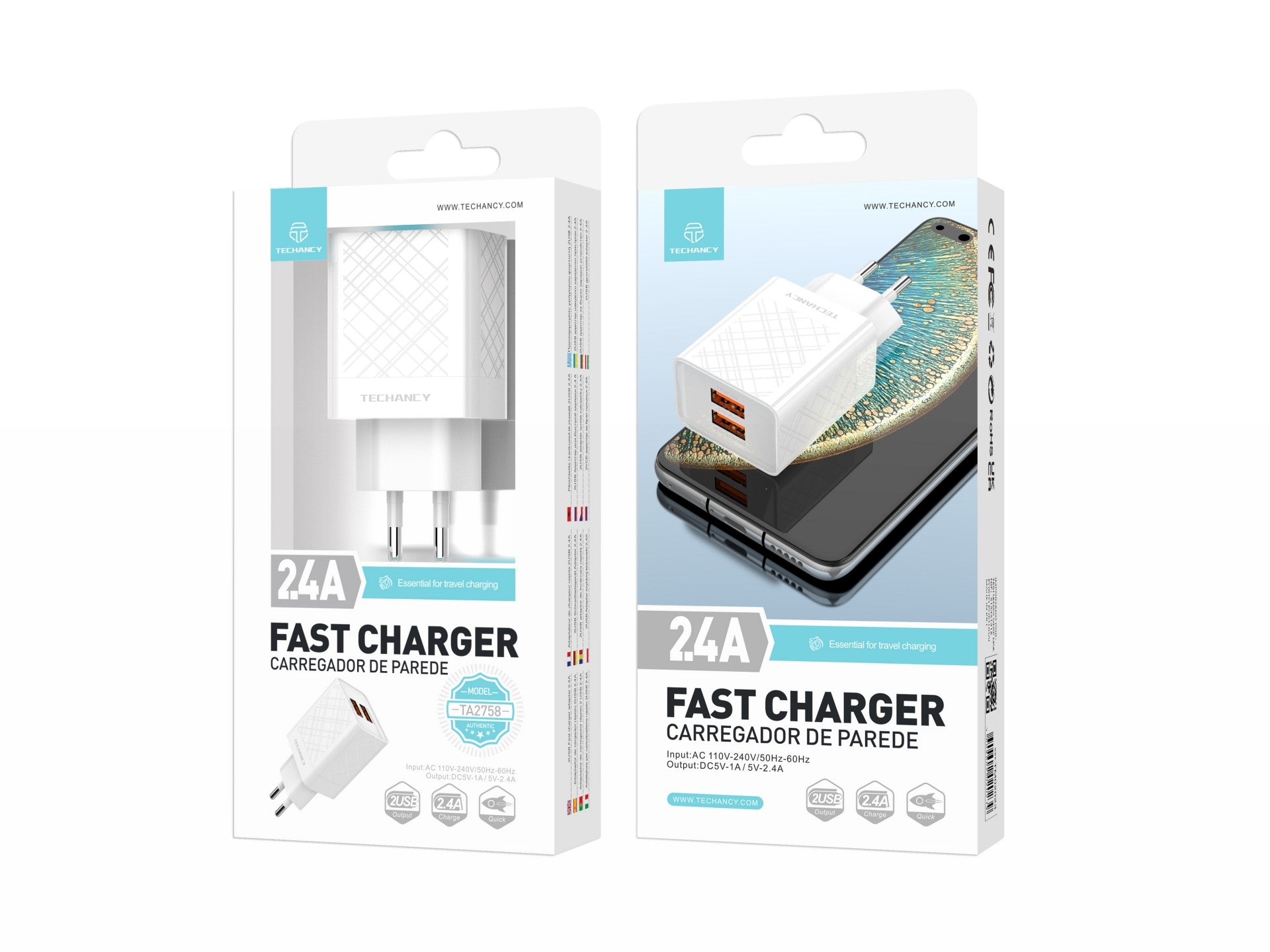 Techancy USB Charger 2.4A White TA2758, 2USB Output, Integrated Smart Chip, Multi-Device Simultaneous Charging