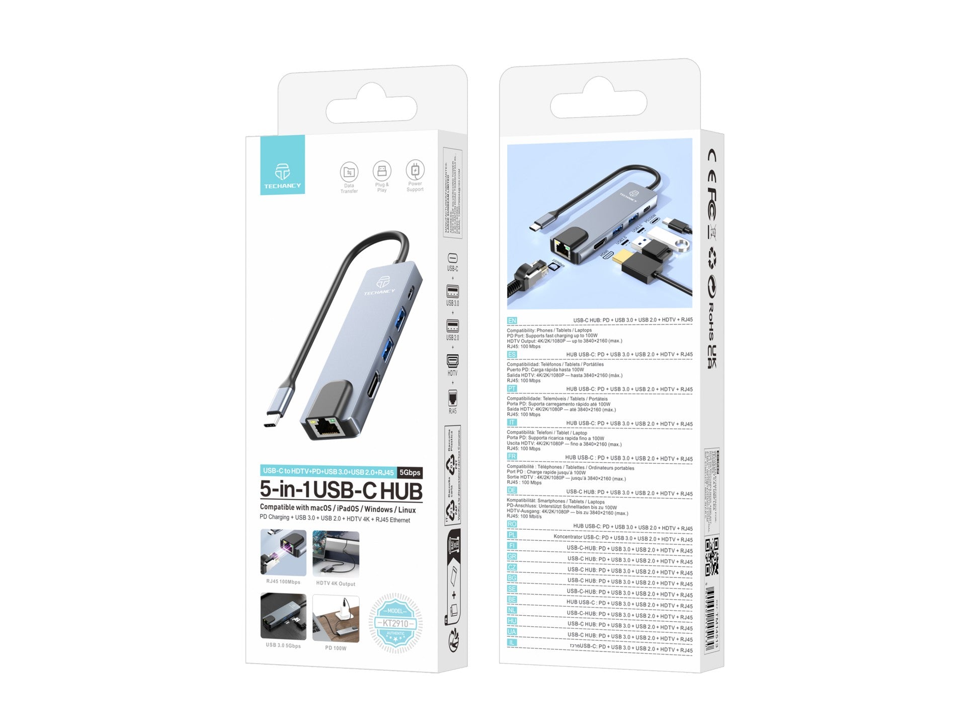Techancy Hub USB-C 5 em 1 KT2910 com HDTV, PD, USB 3.0/2.0 e RJ45, Compativel com PC e Telemovel, Cinzento
