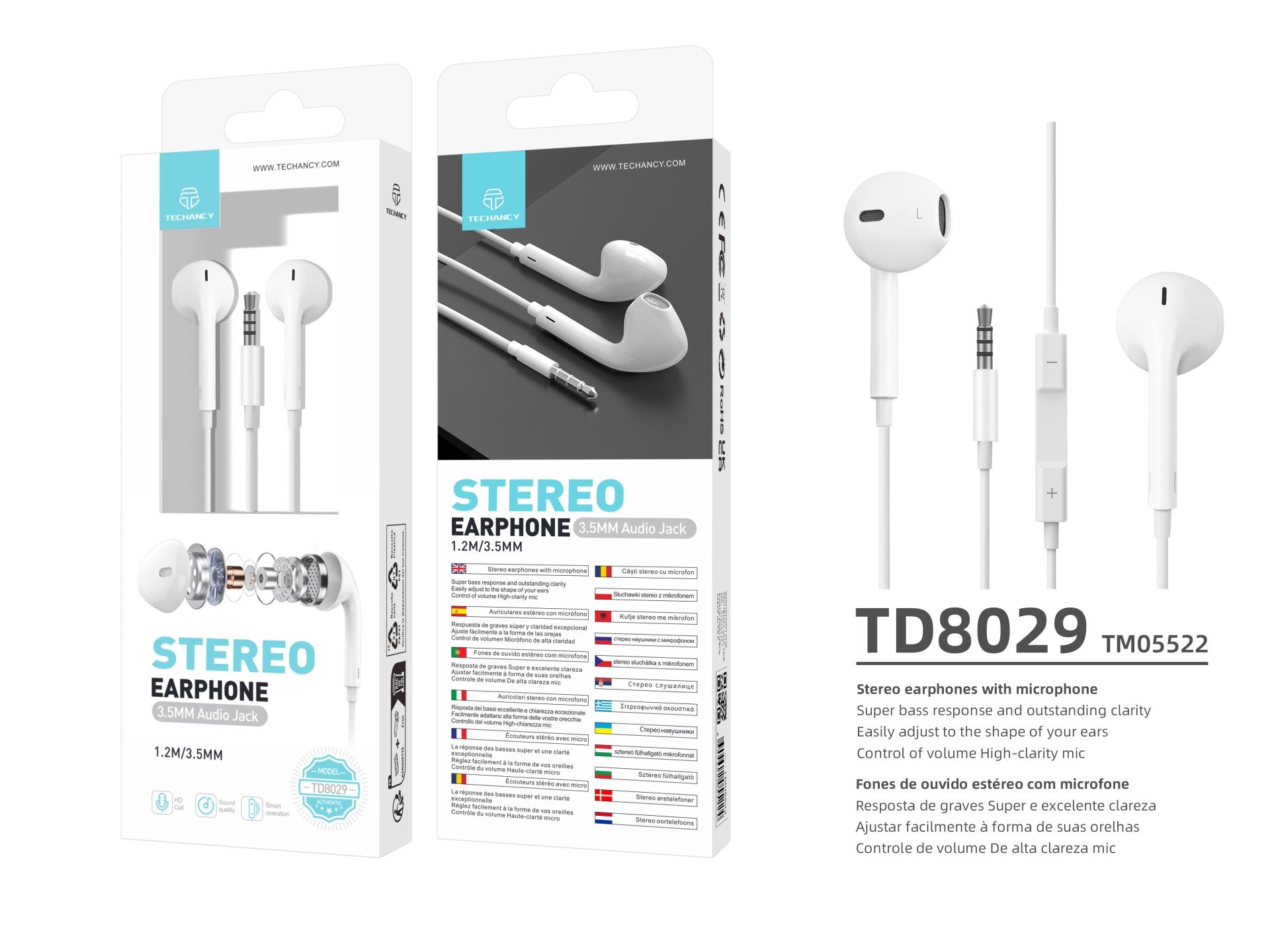 Techancy Auscultadores Intra-Auriculares Brancos 1,2 M TD8029, Com Controlo De Volume Do Microfone, Conetor De 3,5 Mm