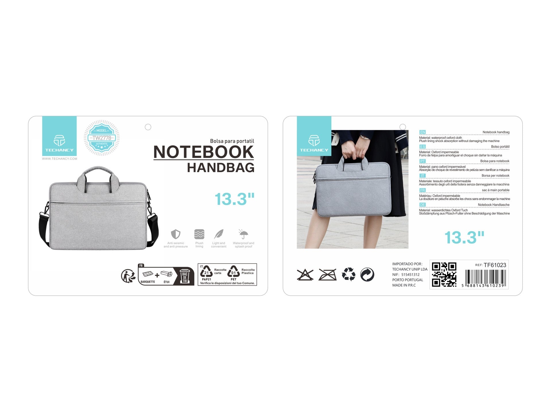 Techancy TW2778 Laptop Bag, Gray, 13.3-Inch, Adjustable Strap