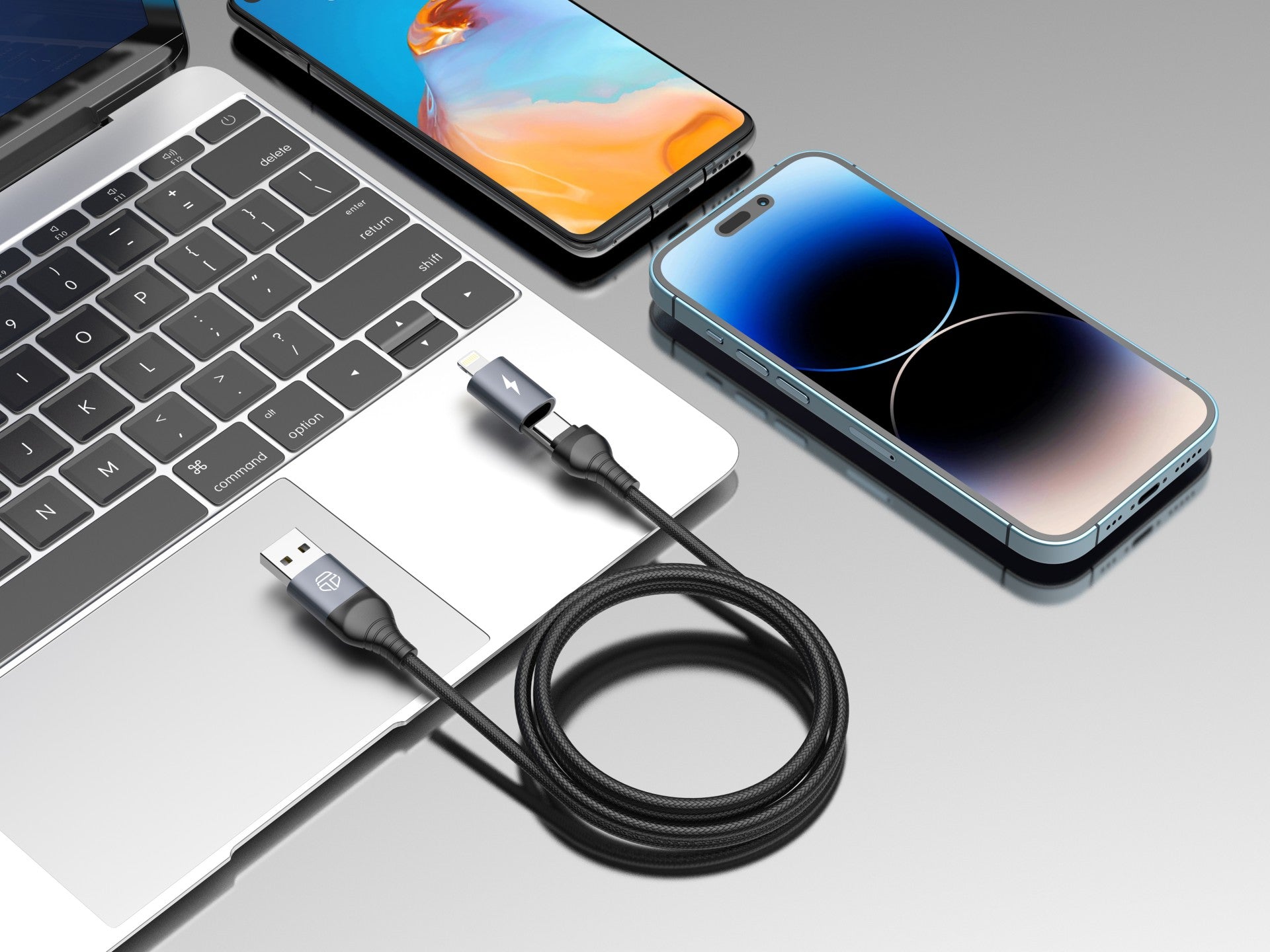 Techancy Cabo De Dados Usb 2 Em 1 Preto TB1739, Carregamento Rápido De 3,1 A, Tipo C/Lightning Em Ambas As Portas