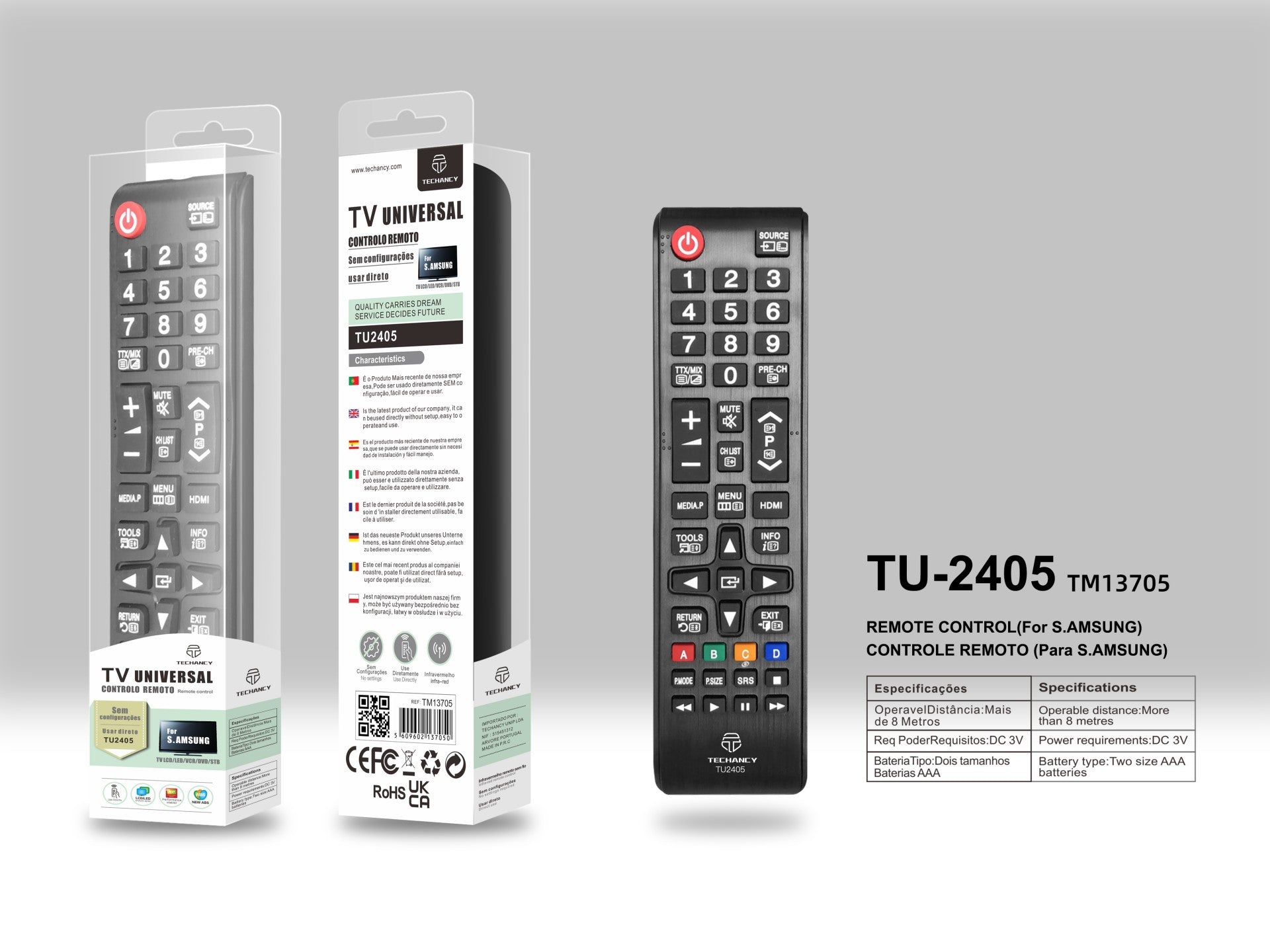 Techancy Controlo Remoto Do Televisor TU2405, Alcance Sem Fios De 8m, Compatível Com Televisores Samsung, Ligação Auto-Adaptável