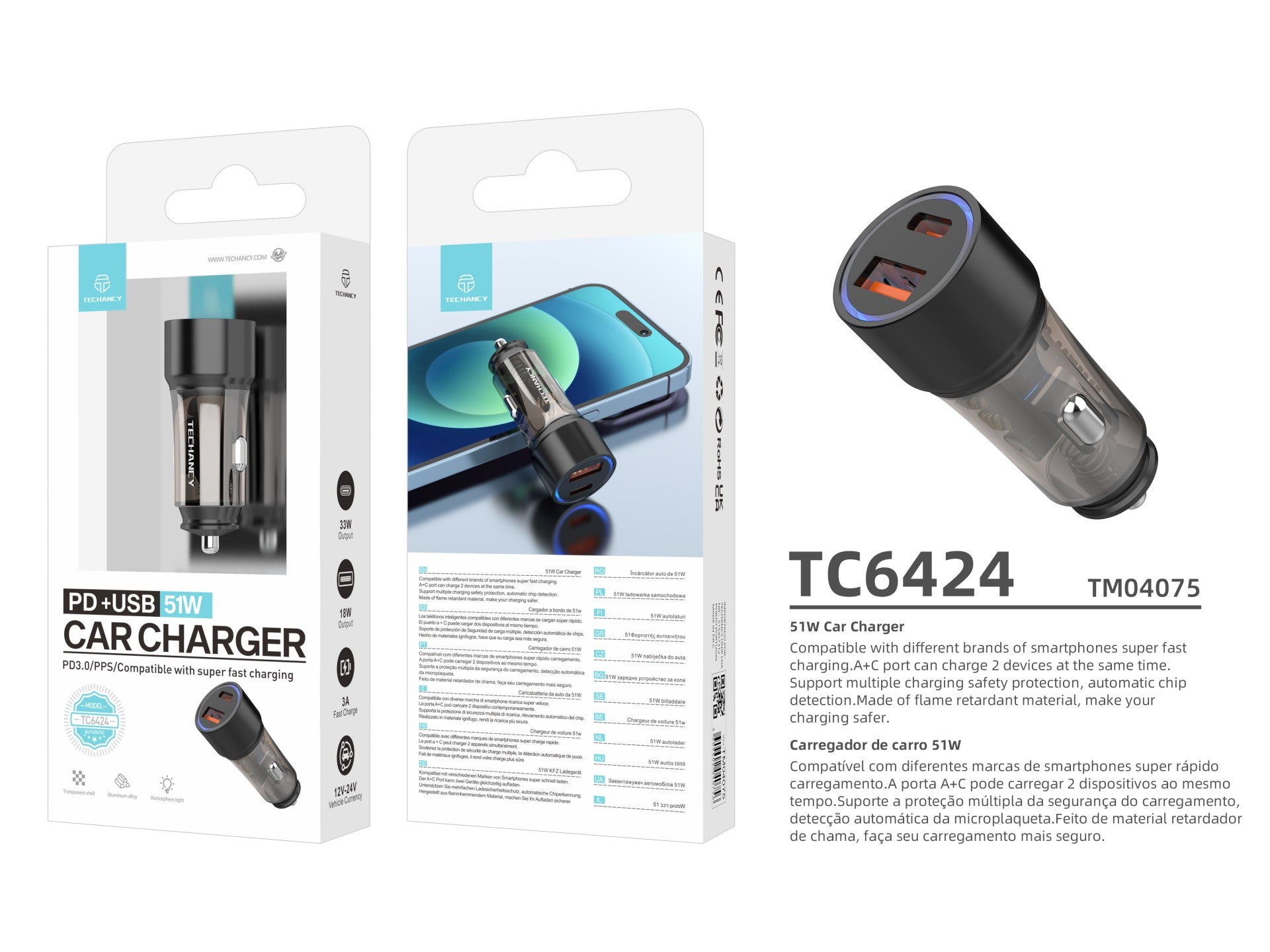Cargador de coche Techancy TC6432 de 51 W con dos puertos USB-A y USB-C para cargar varios dispositivos. Transparente.
