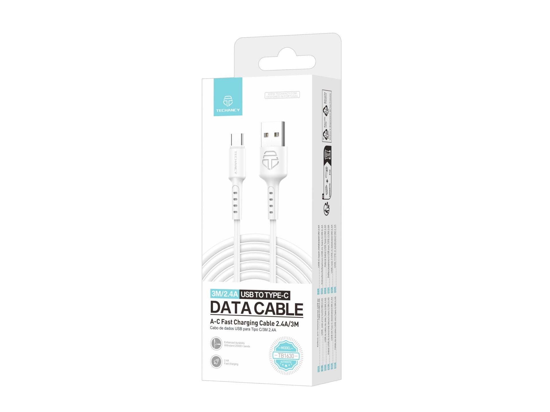 Techancy Cabo De Dados Branco TB1630, Cabo De Carregamento Rápido Usb Para Tipo C, 3 M/2,4 A, Compatível Com Dispositivos Usb-C