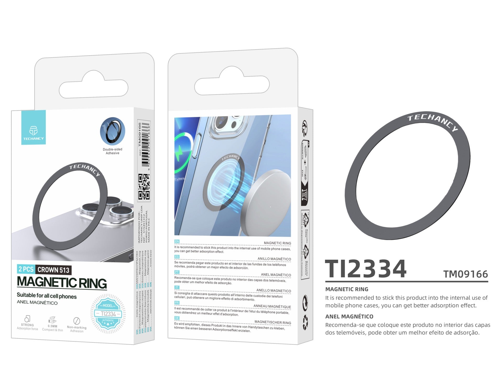 Anillo magnético para teléfono Techancy TI2334, juego de 2, color negro, compatible con cargador/soporte MagSafe, súper magnético.