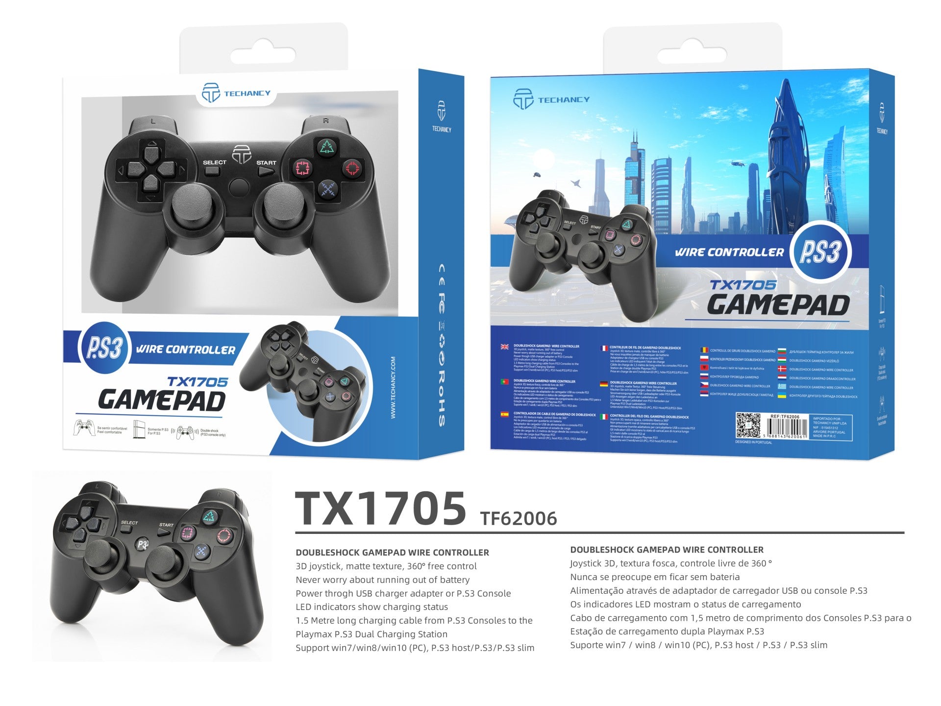Techancy TX1705 Wired USB Gaming Controller for PS3 + PC, with Dual Joysticks and Vibration Feedback, Black