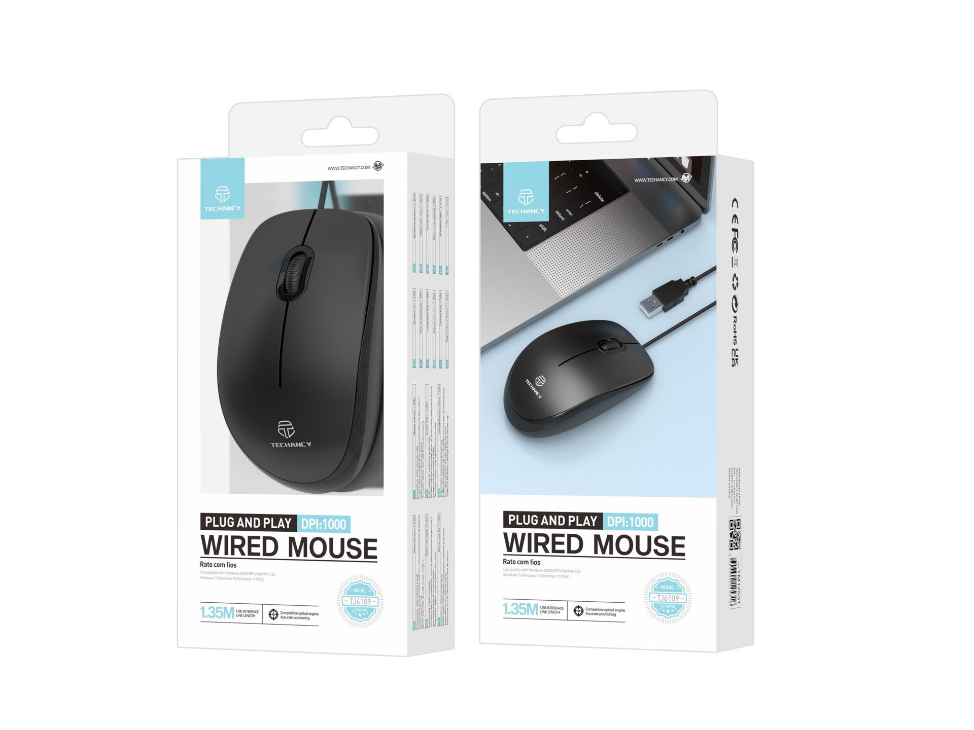 Ratón USB con cable Techancy negro TJ6109, 1,35 M Plug and Play, 1000 dpi, diseño ergonómico de rueda de desplazamiento antideslizante.