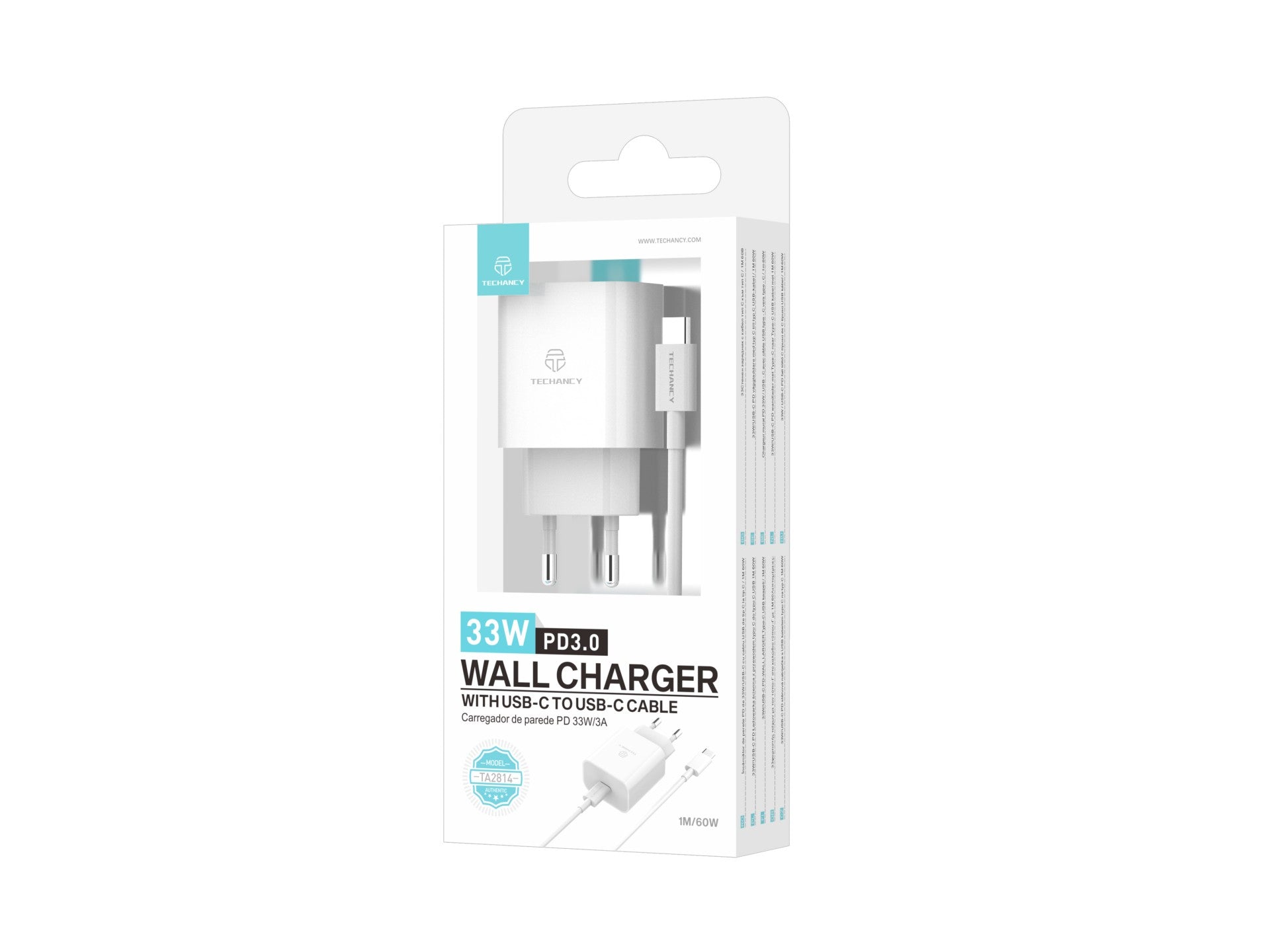 Techancy Carregador de 33 W, TA2814, com cabo USB-C para Type-C de 1 m/60 W PD de carregamento rápido Branco