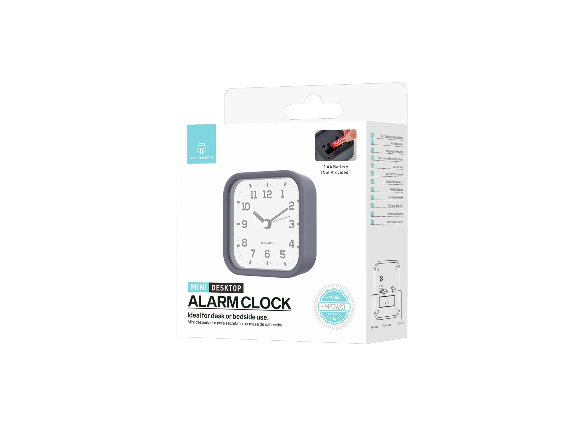 Techancy Mini ME2623 Silent Desk Alarm Clock, Large Numbers, HD Mirror, ABS Body, Portable for Bedroom and Office, Gray Color