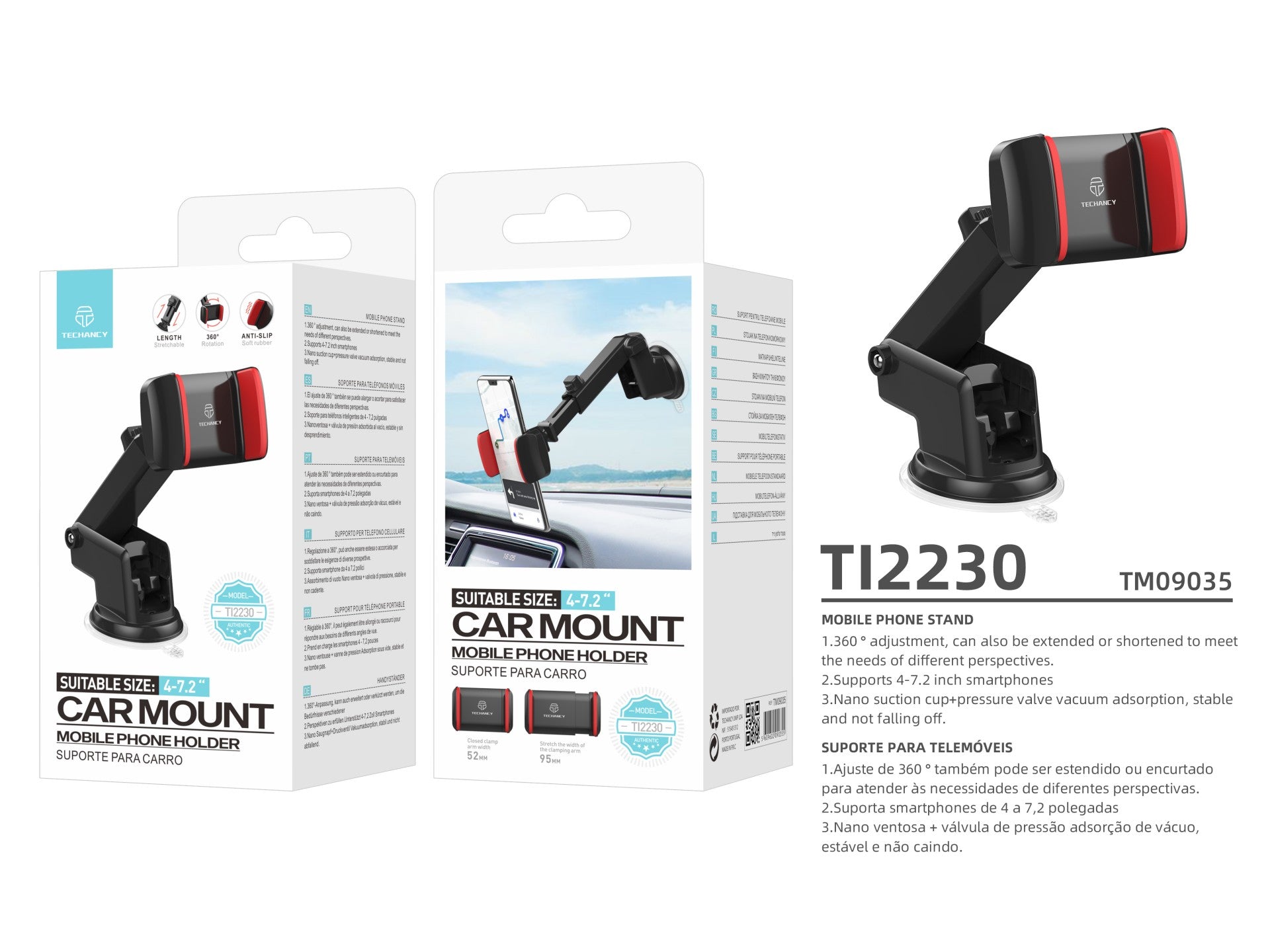 Techancy Suporte Para Telemóvel Para Automóvel Preto+Vermelho Ti2230 , Suporte Retrátil, Ventosa Antiderrapante, 4-7,2 Polegadas