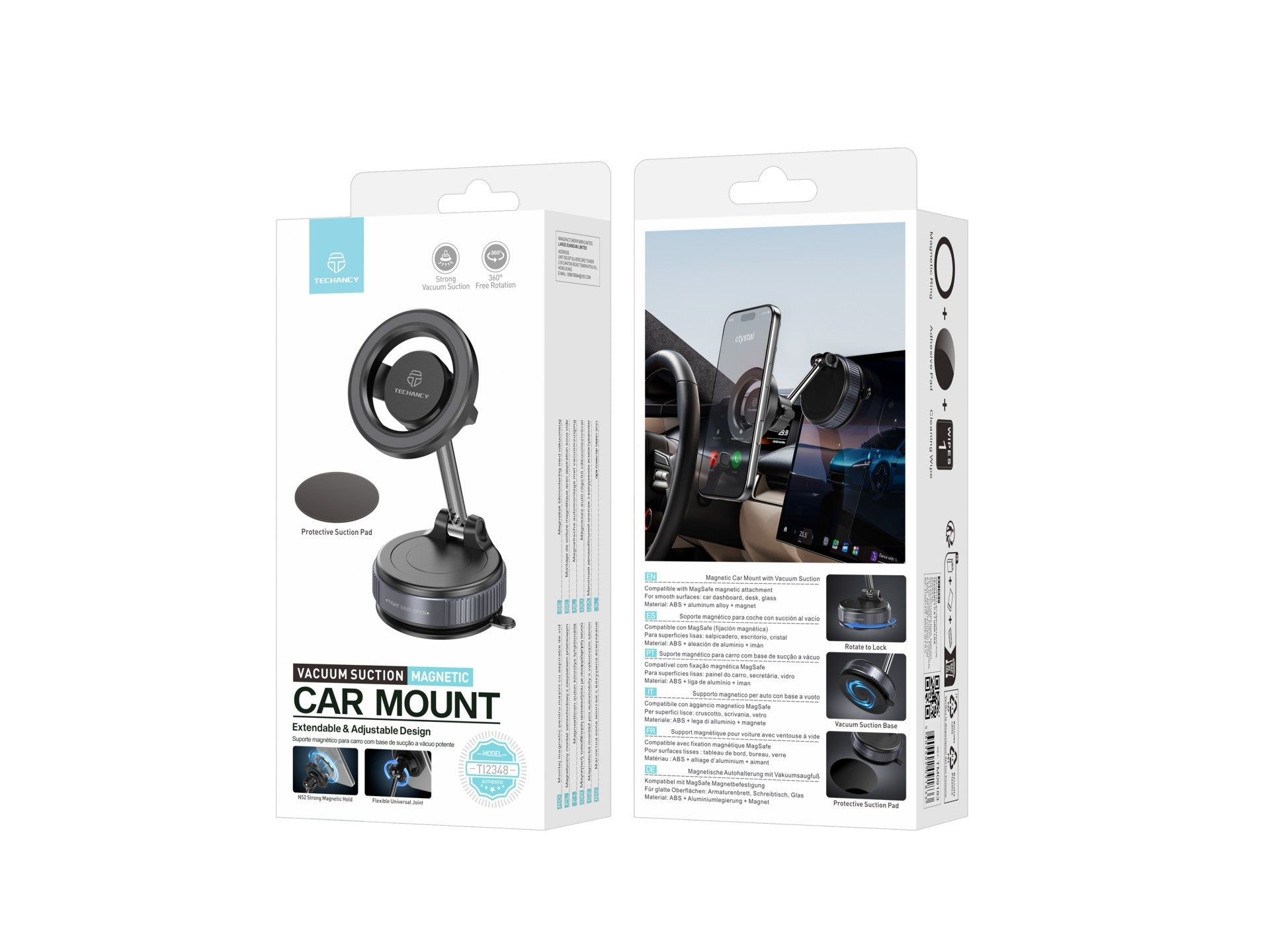 Soporte magnético para coche Techancy TI2348 con ventosa, compatible con MagSafe, rotación de 360 ??grados, color negro.