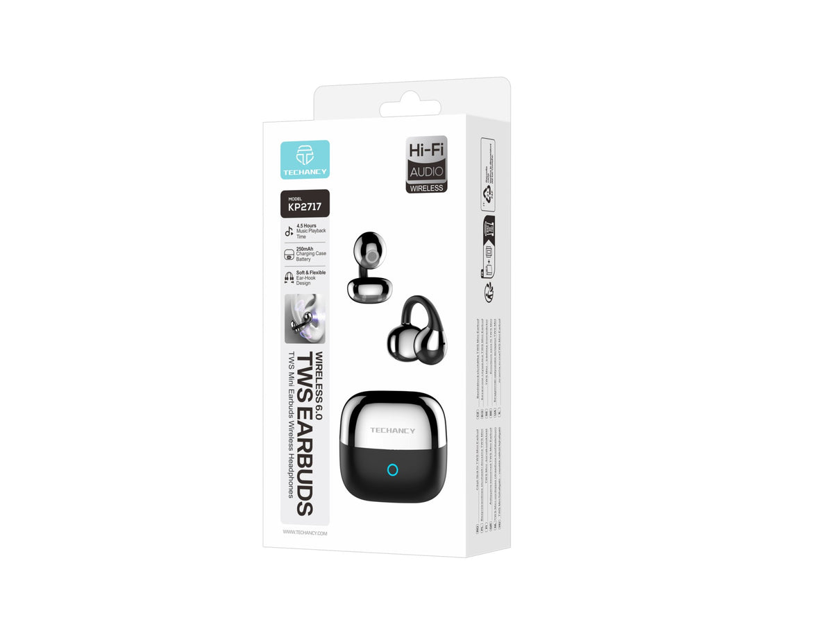 Auriculares Bluetooth Open Ear Techancy KP2717, TWS Mini, Bluetooth 6.0, Gancho de Ouvido, Autonomia 4.5h, Caixa 250mAh, USB-C, Preto