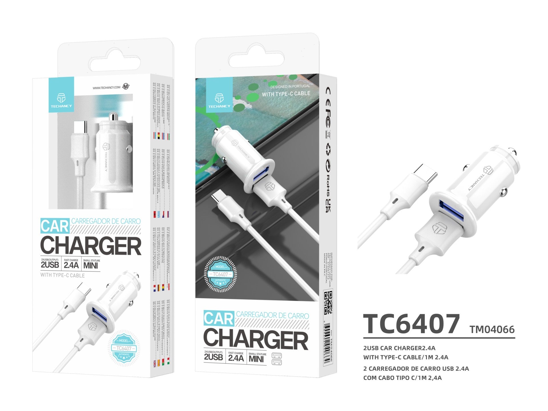 Techancy Carregador De Automóvel Mini TC6407, Carregamento 2usb 2.4A, Conjunto De Cabos De Dados Usb-Type-C 1m, branco