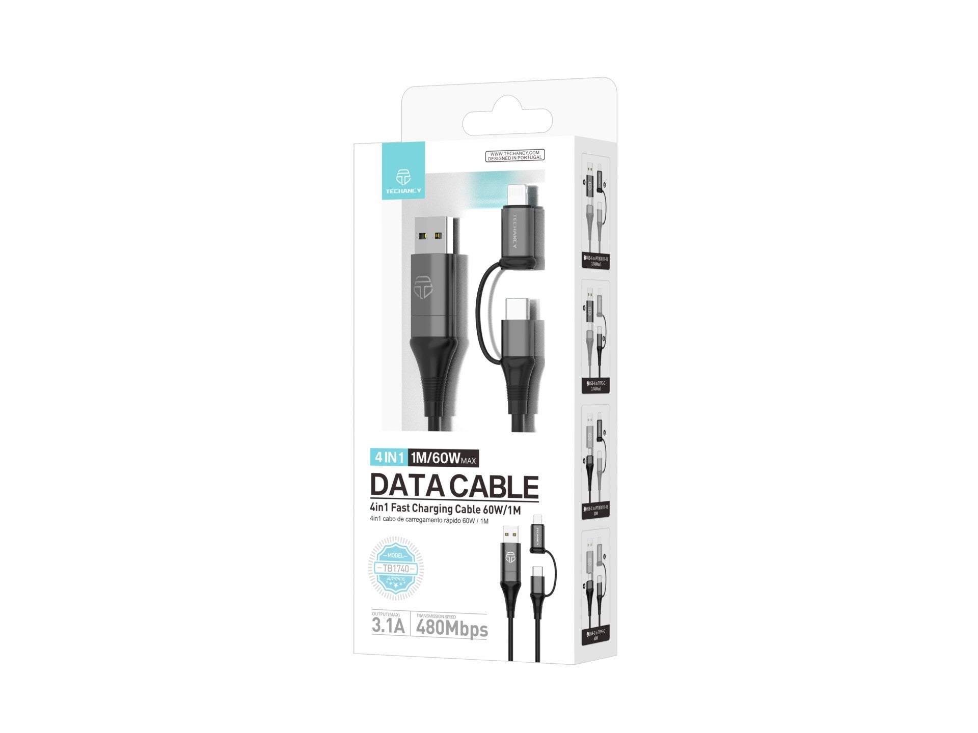 Techancy Cabo De Dados Multifunções 4 Em 1 Preto TB1740, 60w/1m, Usb/Usb C Para Tipo C/Lightning, Suporta Transmissão De Dados