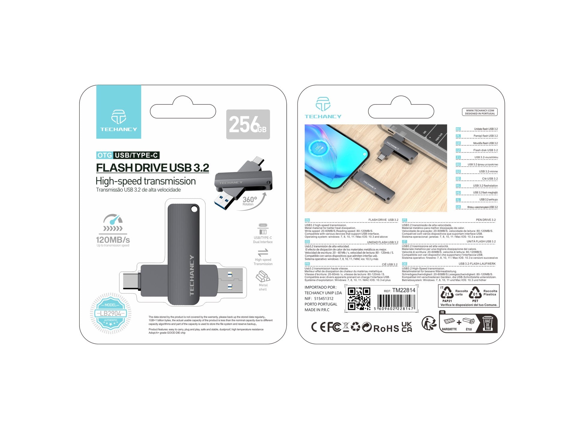 Techancy High-Speed ??USB 3.2 Flash Drive LB2904, 256GB, 2-in-1 Type CE USB-A Connector, Compatible with PC/Mobile/Mac