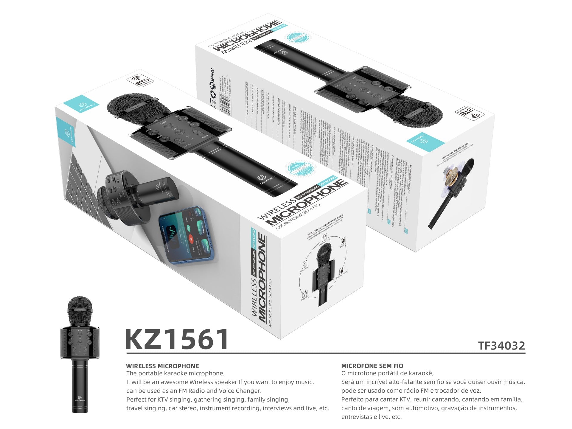 Microfone sem fio Bluetooth Techancy, KZ1561, alto-falante para música KTV, preto