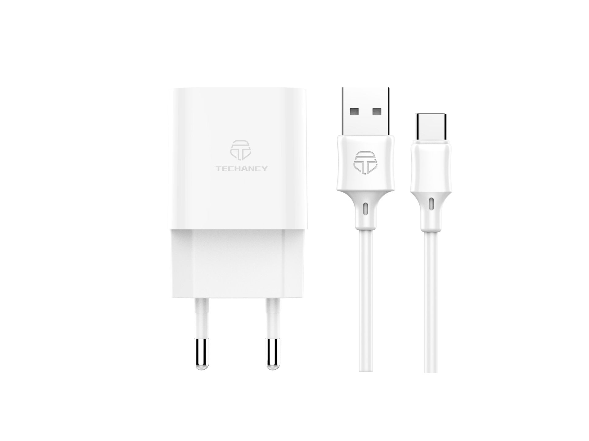 Techancy Carregador De Parede 2usb Branco TA2791,5V-2.4A Carregamento,Conjunto De Cabos Usb-Tipo-C 1m,Suporta Telemóveis Usb-C