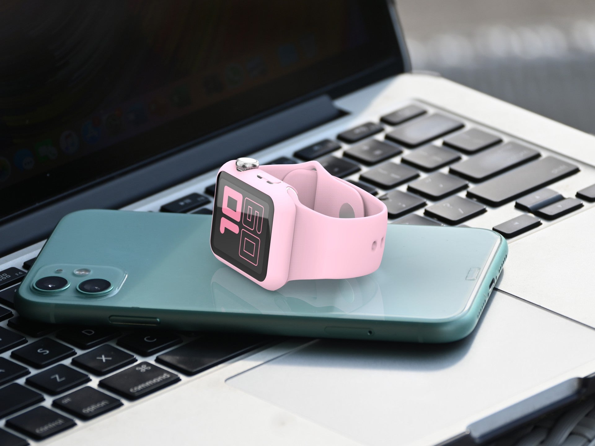 Techancy KC2115 Silicone Watch Band with Screen Protector, Compatible with Apple Watch 45mm, Pink