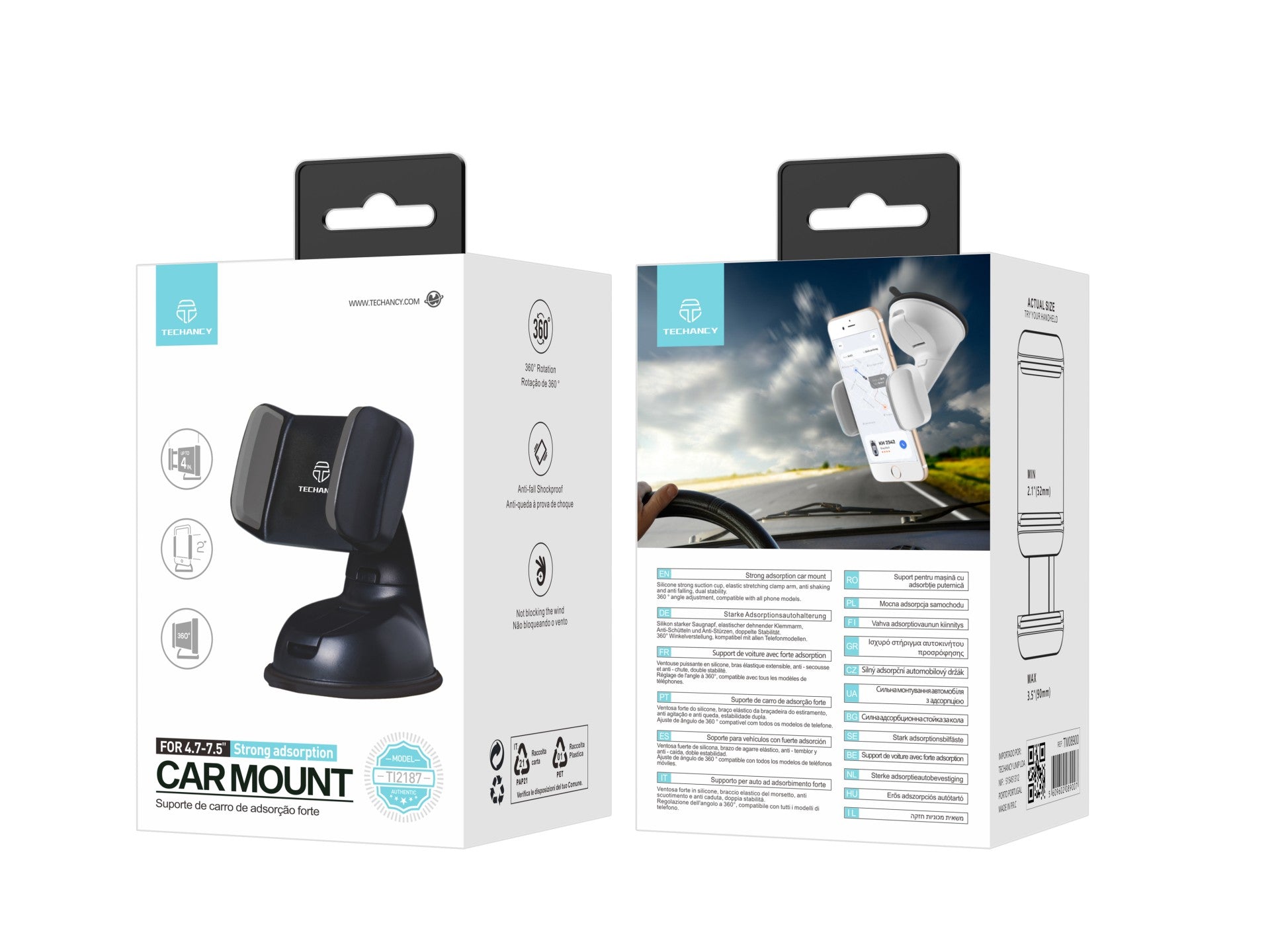 Techancy Suporte Para Telemóvel Para Automóvel Preto Ti2187, Ventosa Potente Em Silicone, Braço Elástico Flexível Anti-Queda