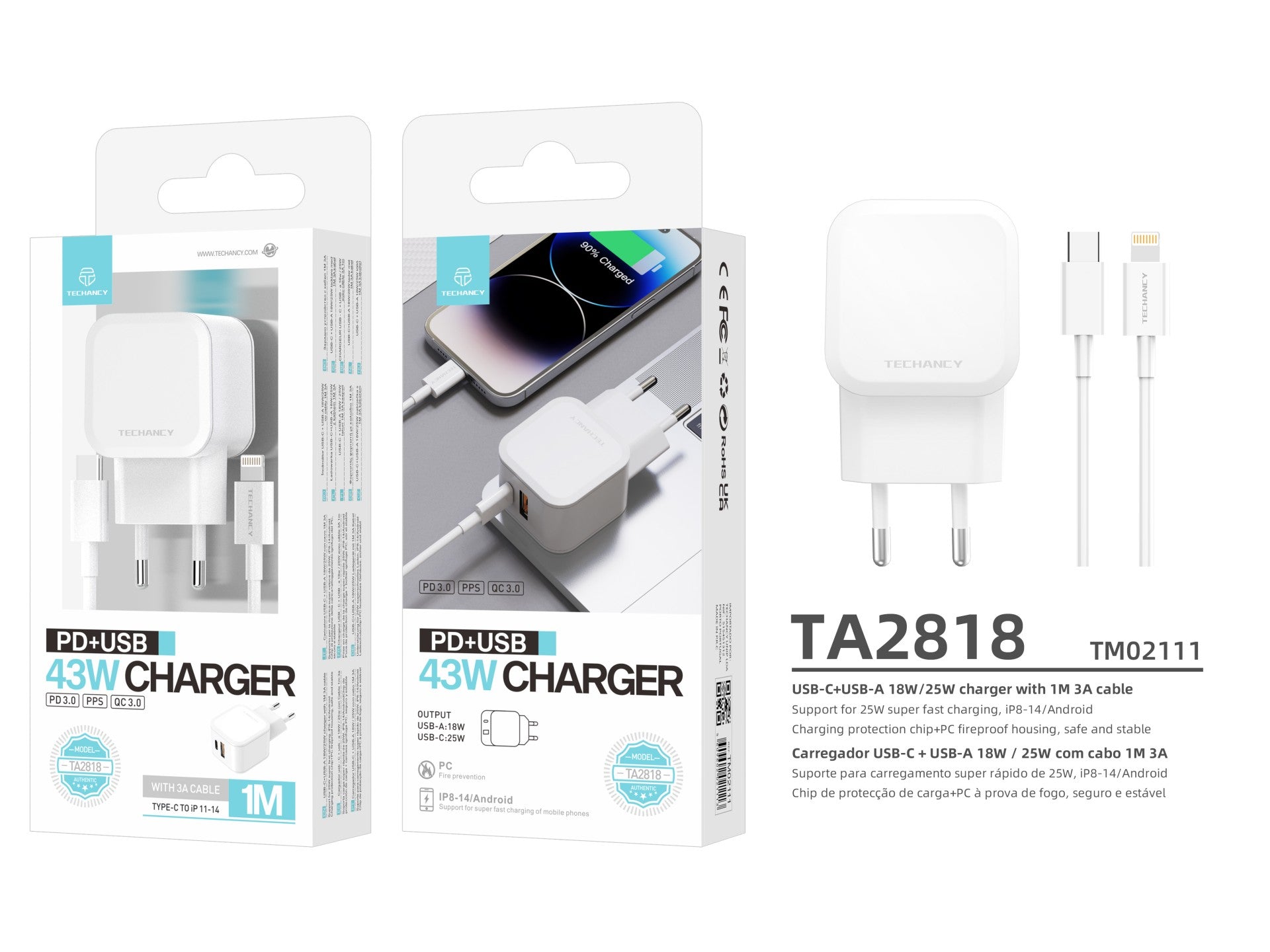 Techancy Carregador Rápido 43W Branco TA2813, Porta Dupla Pd+Usb, Conjunto De Cabos Usb C Para Lightning 1m/30w