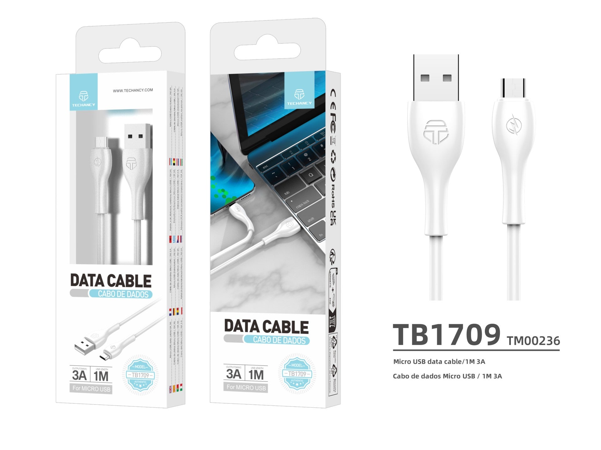 Techancy Cabo De Dados Rápido 3a TB1709, Conetor Usb-Micro, 1 Metro De Comprimento Para Transferência De Dados, Branco
