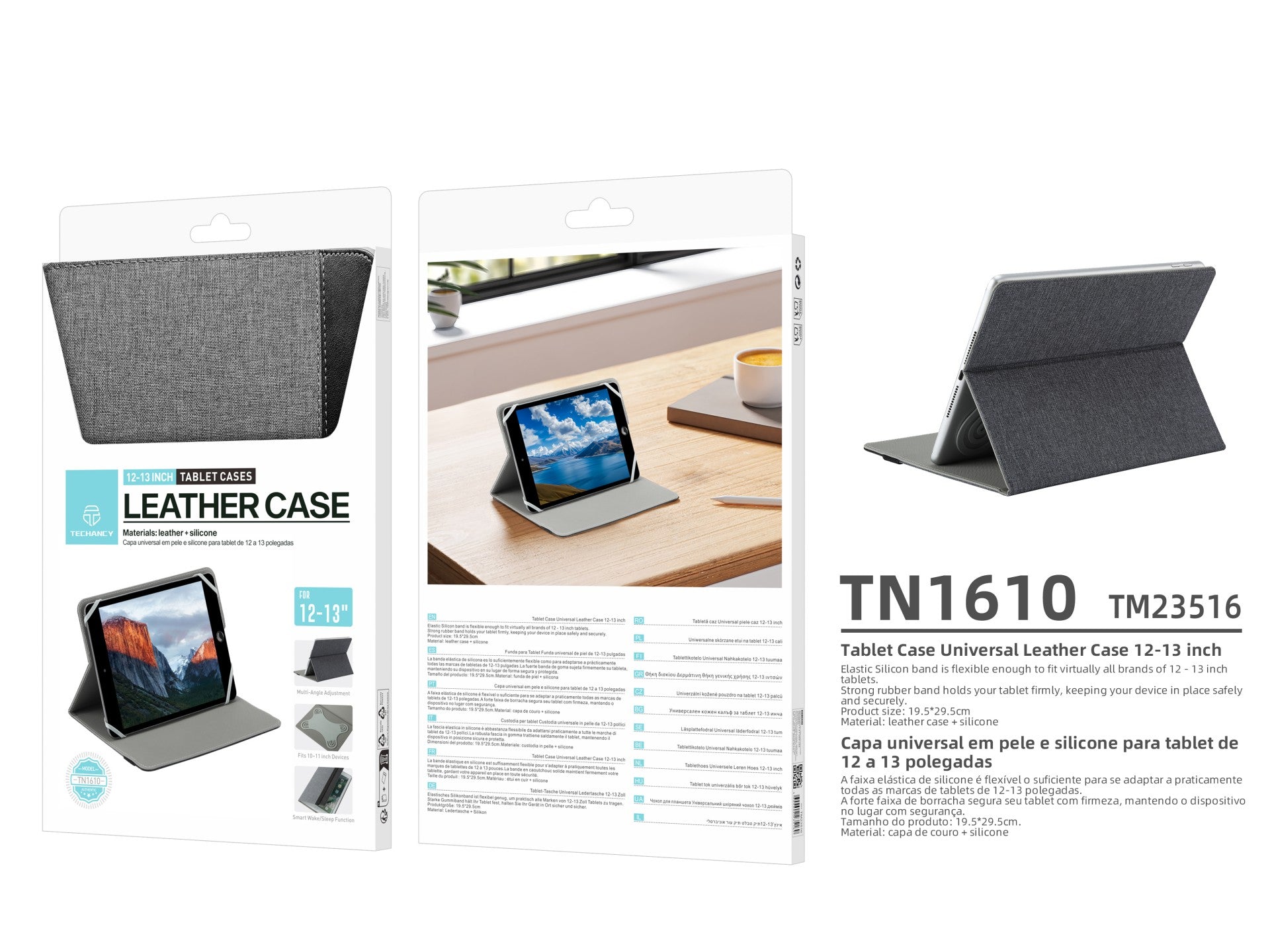 Techancy Tablet Case TN1610 Universal For 12-13 Inches Leather Silicone Adjustable Multi-Angle Elastic Band Non-Slip Gray