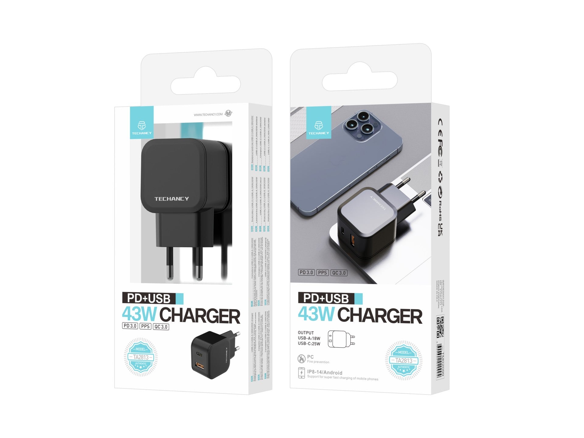 Techancy Carregador Rápido 43w Preto TA2813, Porta Dupla Pd+Usb, Compatível Com Ip8-16 E Dispositivos Android