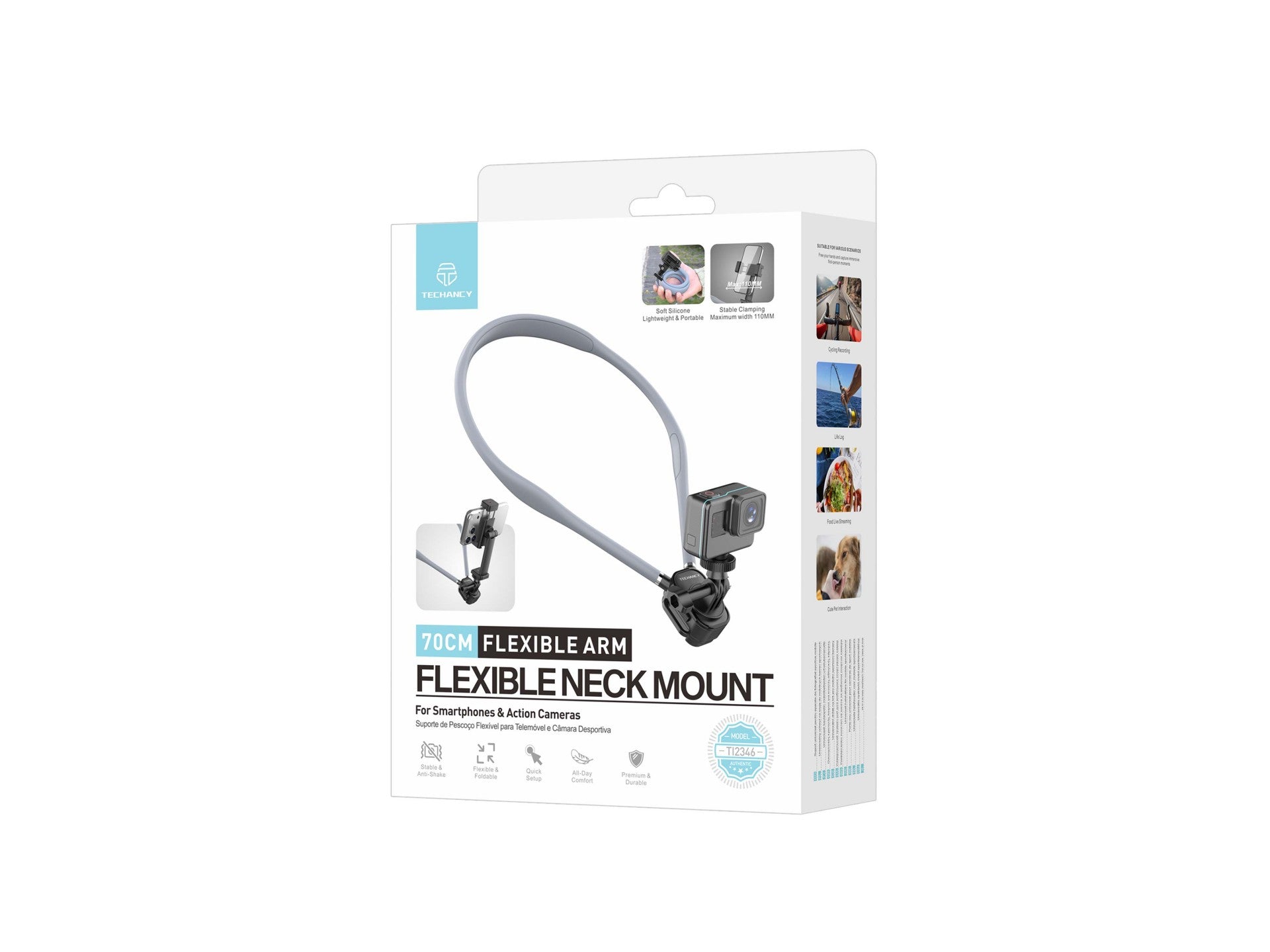 Soporte para el cuello Techancy TI2346 para cámaras y teléfonos móviles con brazo flexible de 70 cm, manos libres, color gris.
