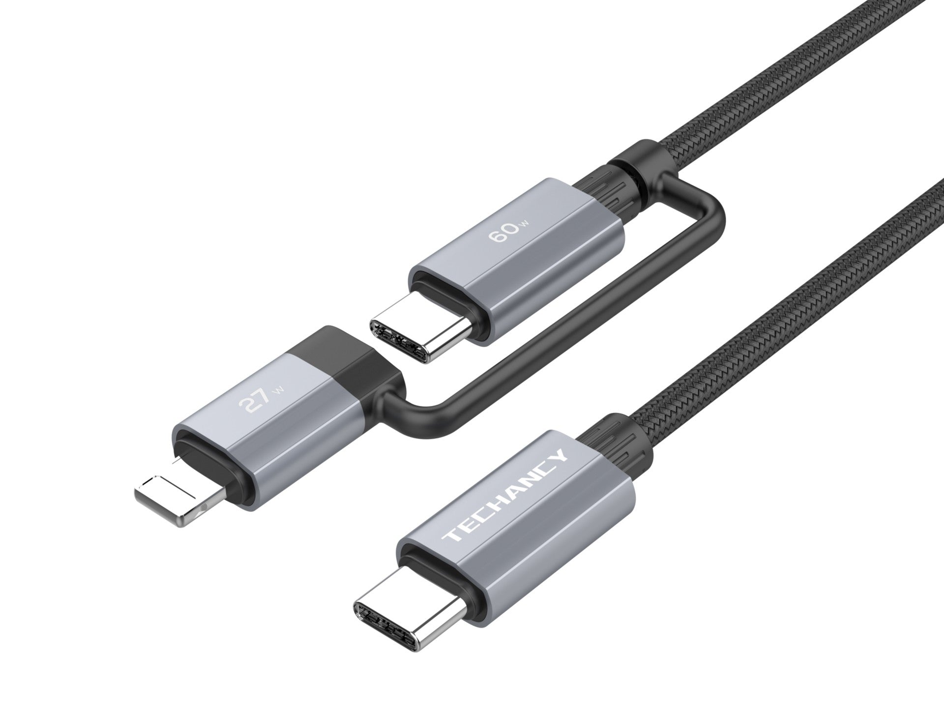 Cable de carga rápida Techancy TB1743 2 en 1 de 1 m, USB-C a USB-C de 60 W y USB-C a Lightning de 27 W, cable duradero para múltiples dispositivos