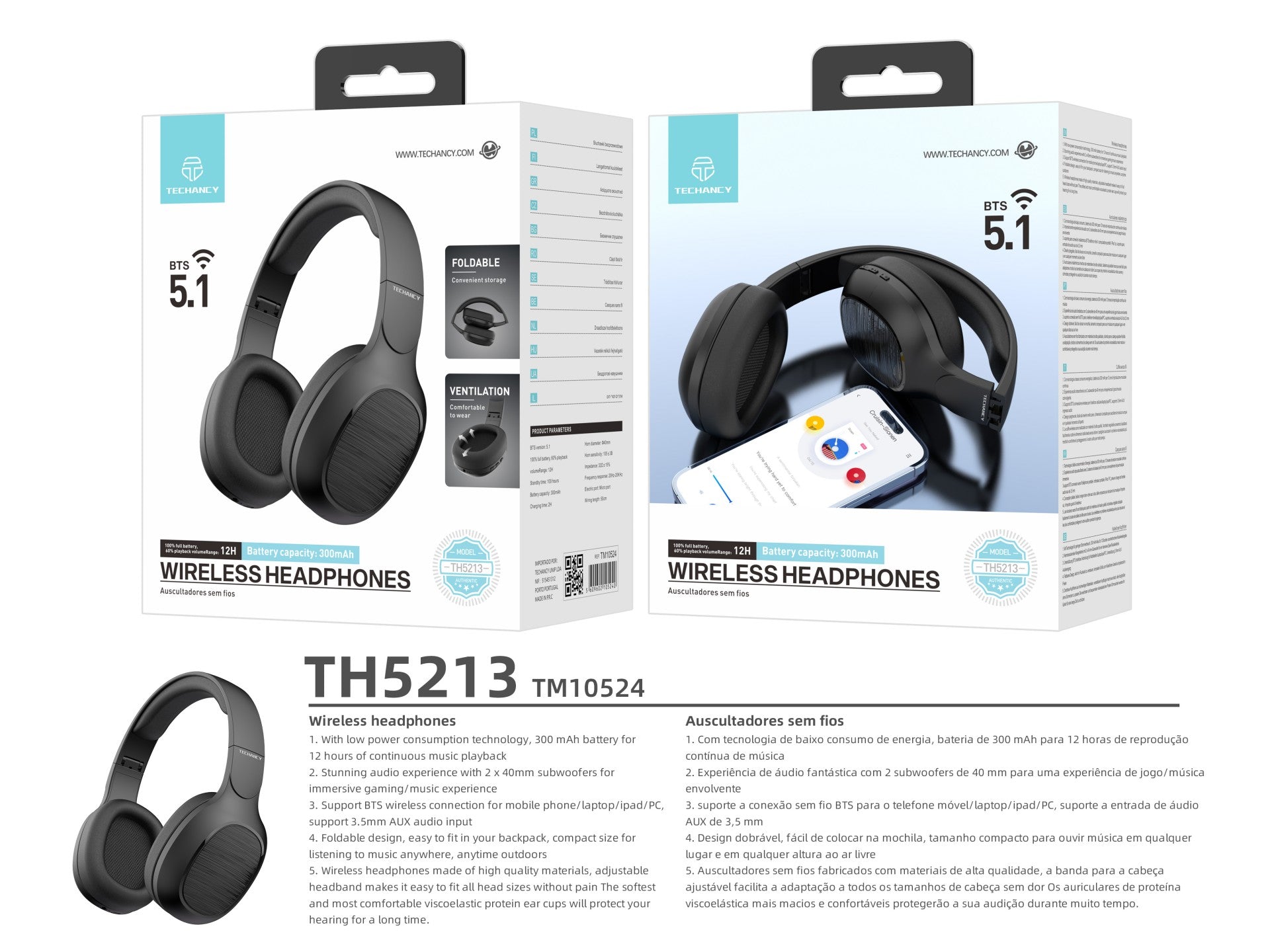 Techancy Wireless Headphones TH5213, 12h Music Playback, Stereo Effect, Foldable Design, Comfortable to Wear.