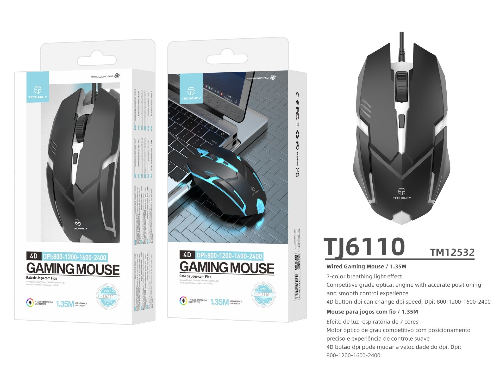 Techancy Rato Para Jogos Com Fios Usb TJ6110, Botões 4d Dpi Ajustável (800-2400), Efeito De Luz De Respiração De 7 Cores.