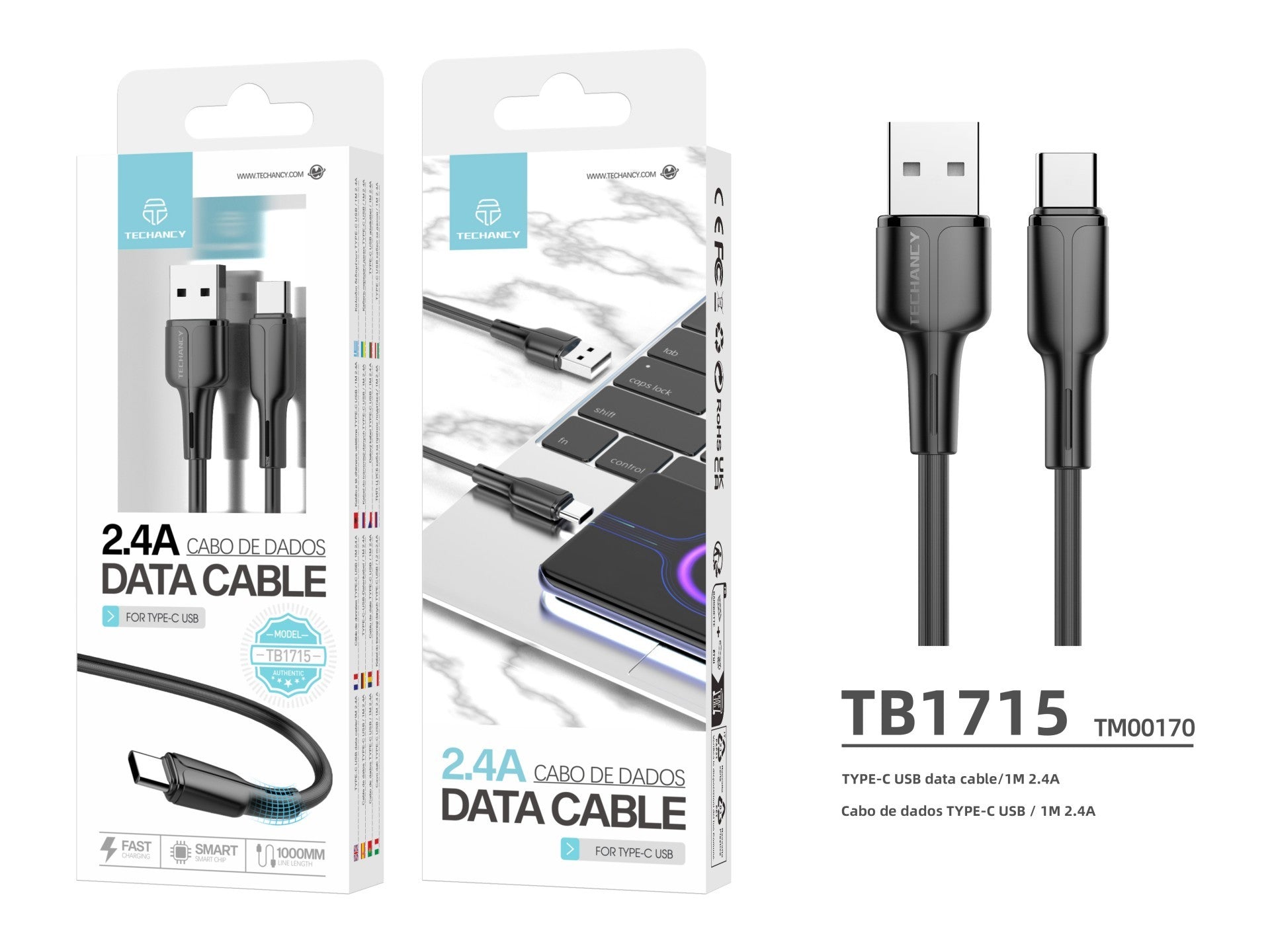 Techancy Cabo De Dados Usb-Type-C Preto 1m TB1715, Carregamento Rápido 2.4a, Suporta Transferência De Dados, Material Pvc