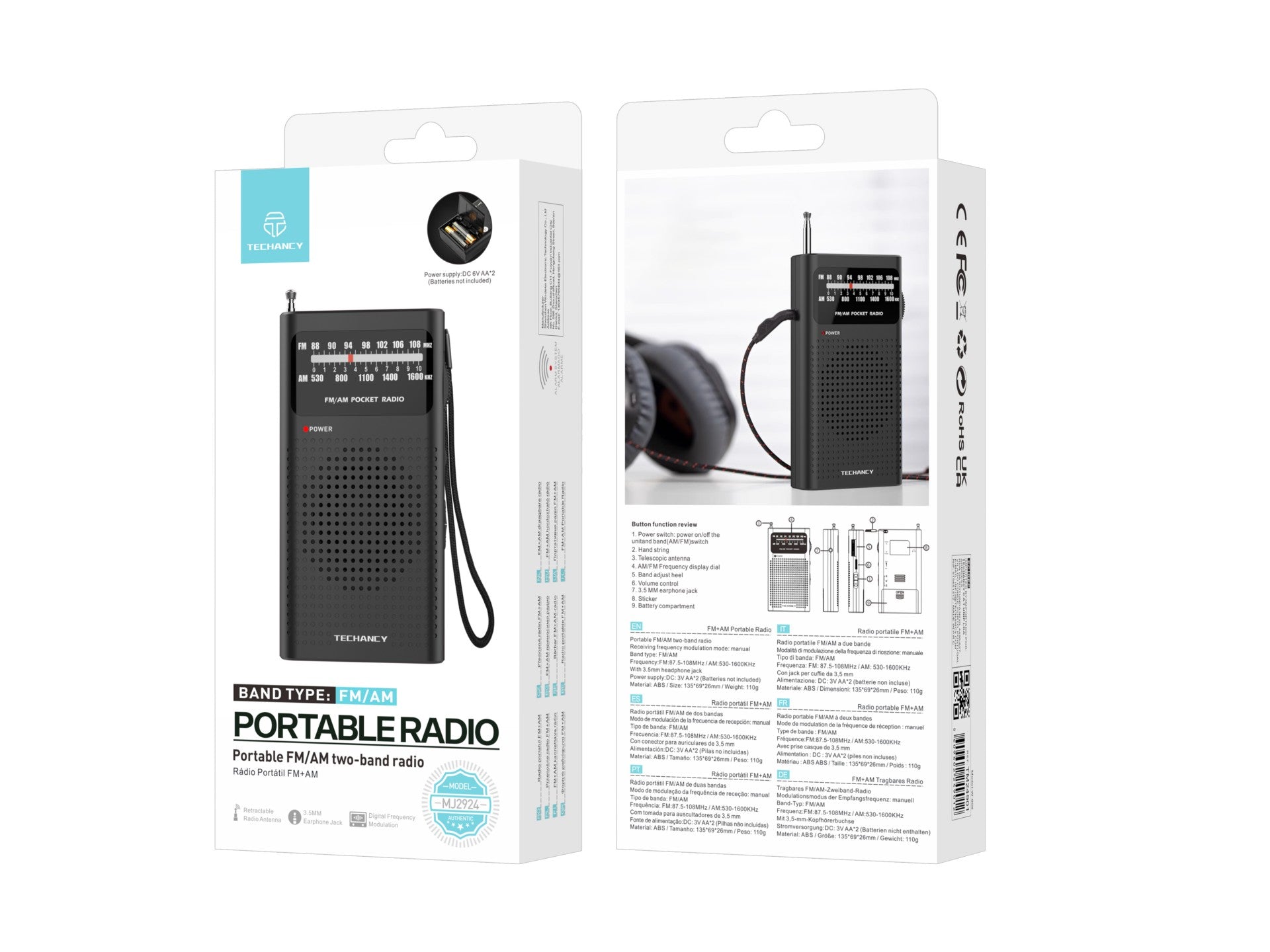 Techancy MJ2924 Portable FM/AM Radio with manual tuning, 3.5mm headphone jack, 2 AA batteries (not included), Black.