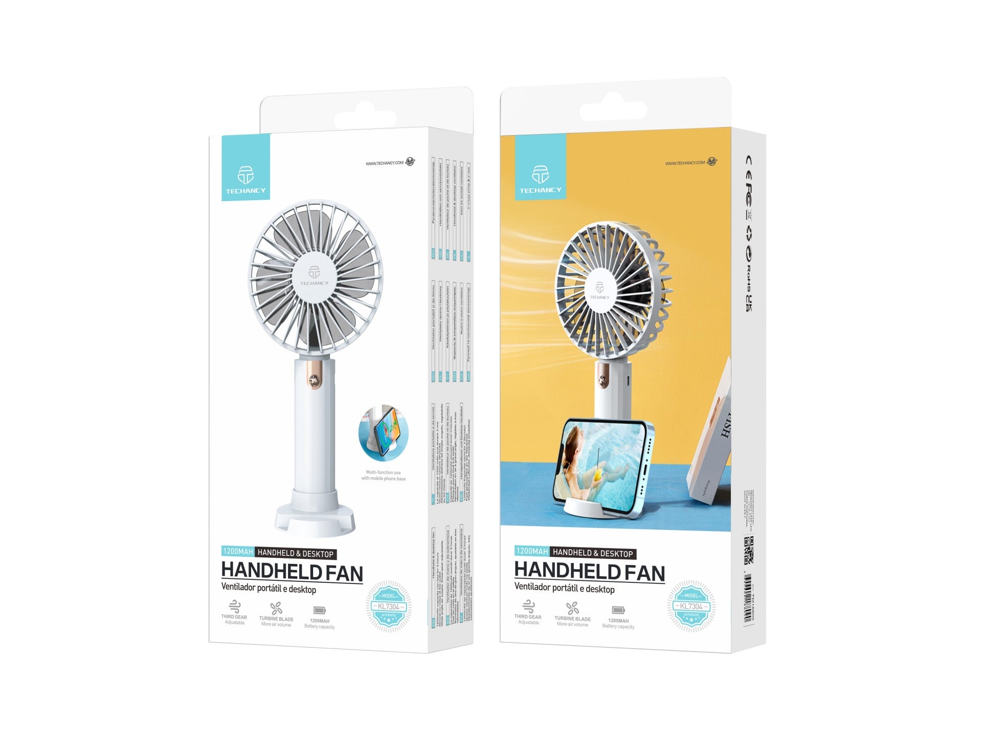 Ventilador portátil Techancy KL7304 blanco, ajustable a 3 velocidades, con soporte para escritorio