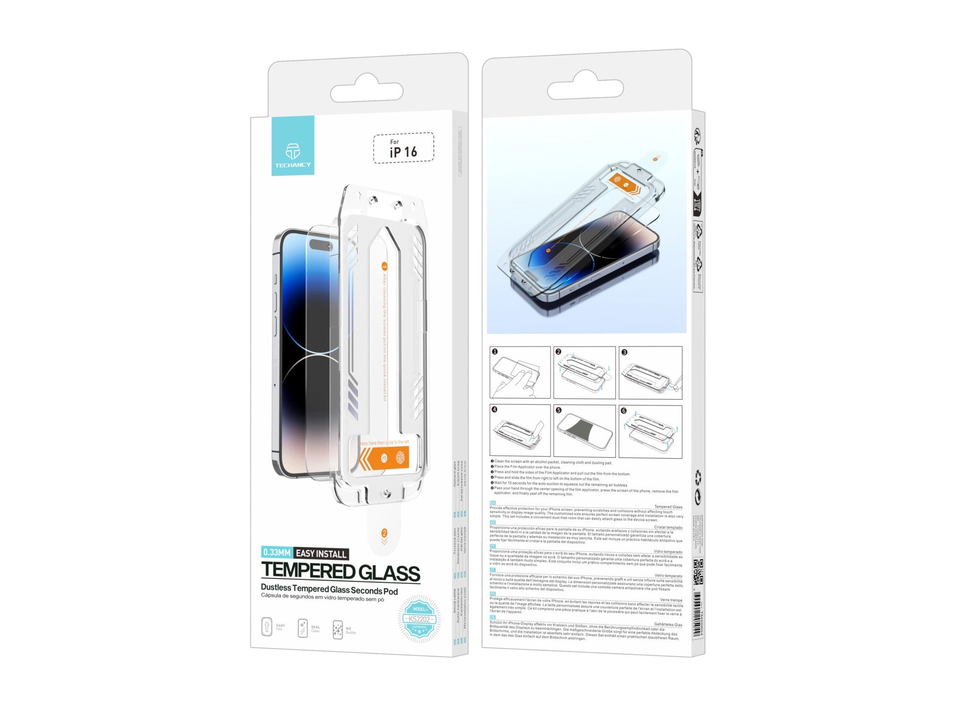 Protector de pantalla de vidrio templado Techancy KS2202, compatible con iPhone 16, incluye caja de instalación rápida.