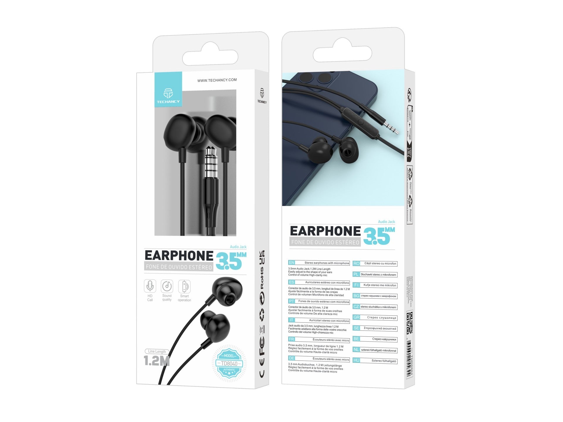 Techancy Auricular Com Fios De 3,5 Mm Preto TD8040, Auricular Com Função De Microfone, Compatível Com Telemóveis/Pc/Mp3, Etc.