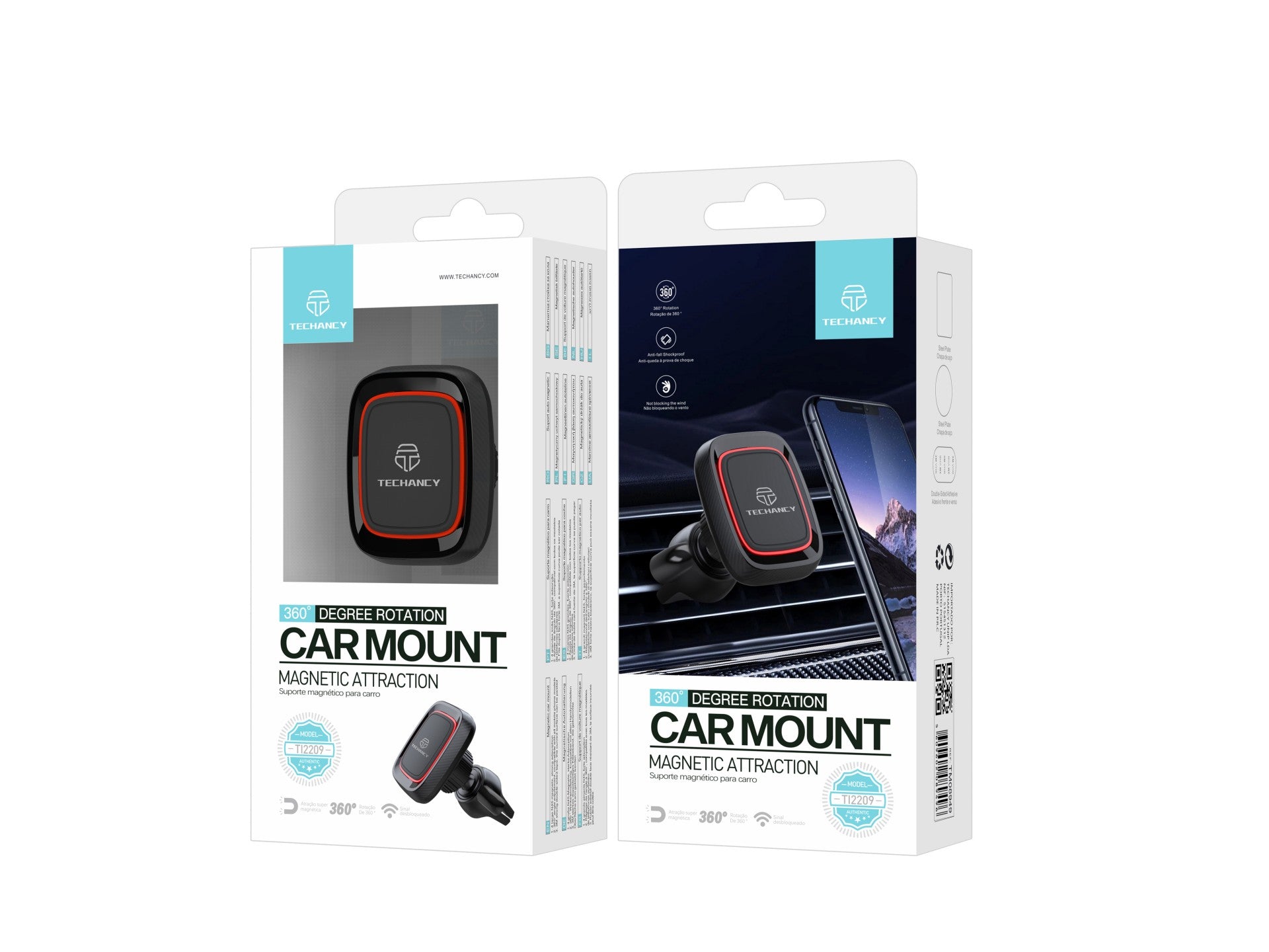 Techancy Suporte Magnético Para Telemóvel Para Automóvel Ti2209, Forte Capacidade De Adsorção Magnética. Preto E Vermelho