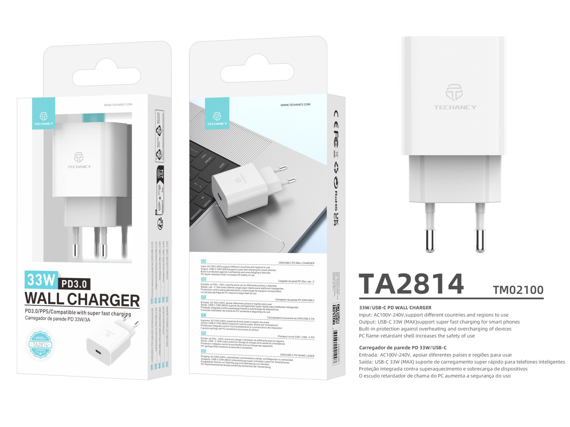 Techancy Carregador De Saída Usb-C 33w TA2814, Carregamento Rápido PD3.0, Compatível Com Vários Smartphones Branco